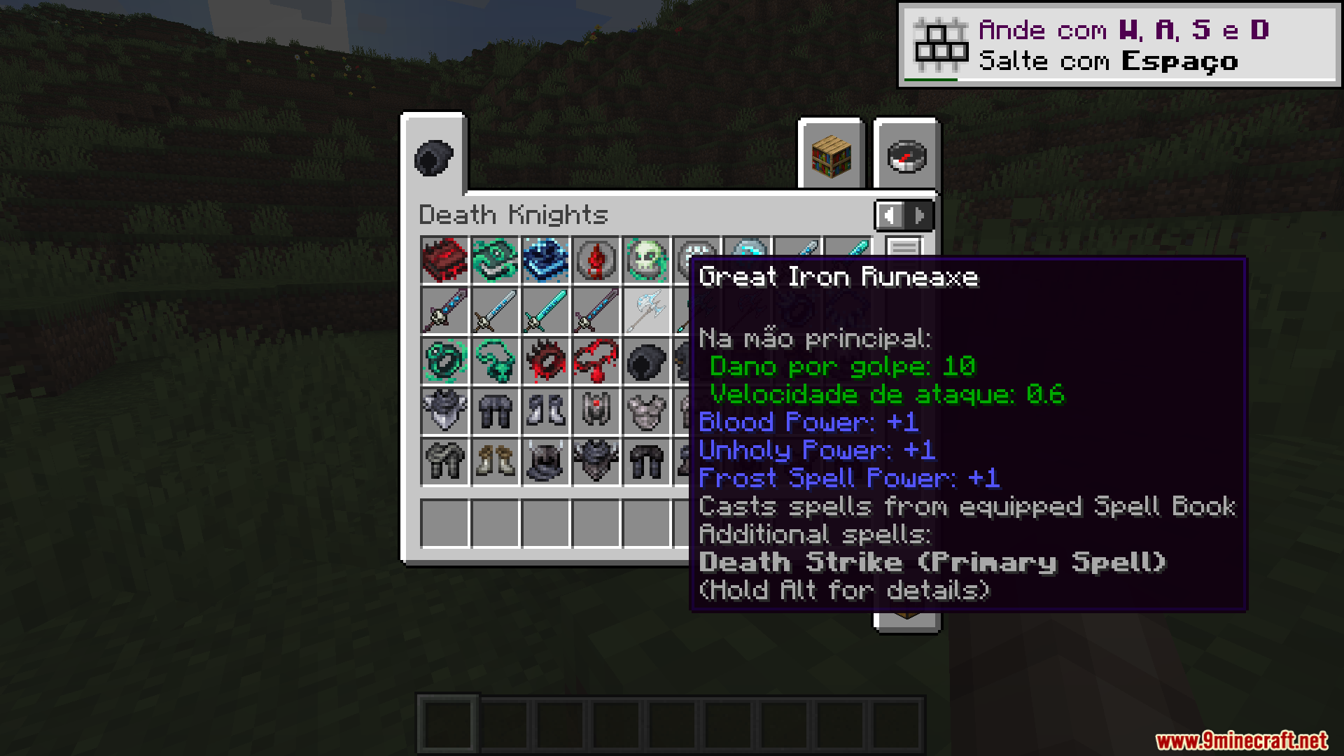 Death Knights PT BR Translation Resource Pack Screenshot 3 Minecraft inventory displaying translated tooltips for the Death Knights mod items