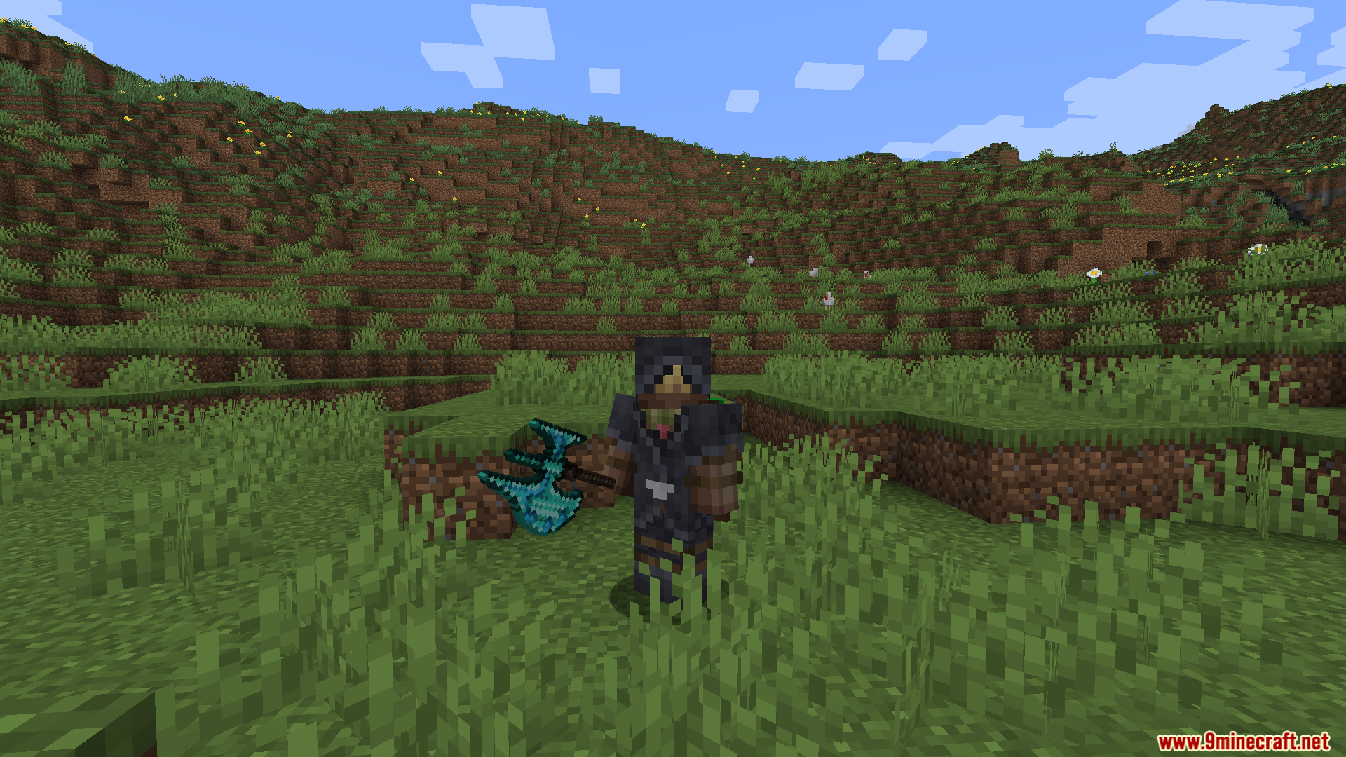 Death Knights PT BR Translation Resource Pack Screenshot 4 A player character wearing dark armor and holding a glowing blue axe