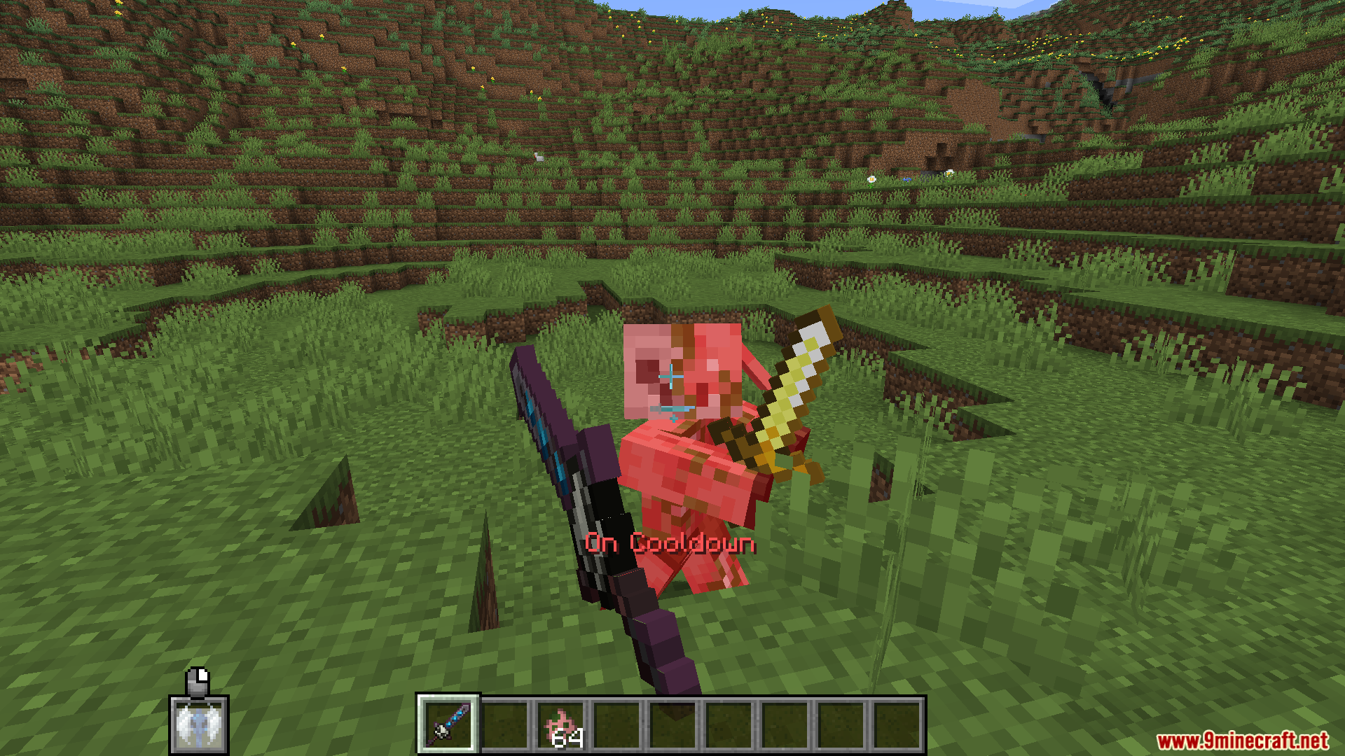 Death Knights PT BR Translation Resource Pack Screenshot 5 Player uses a dark sword to strike a pink mob in a grassy field