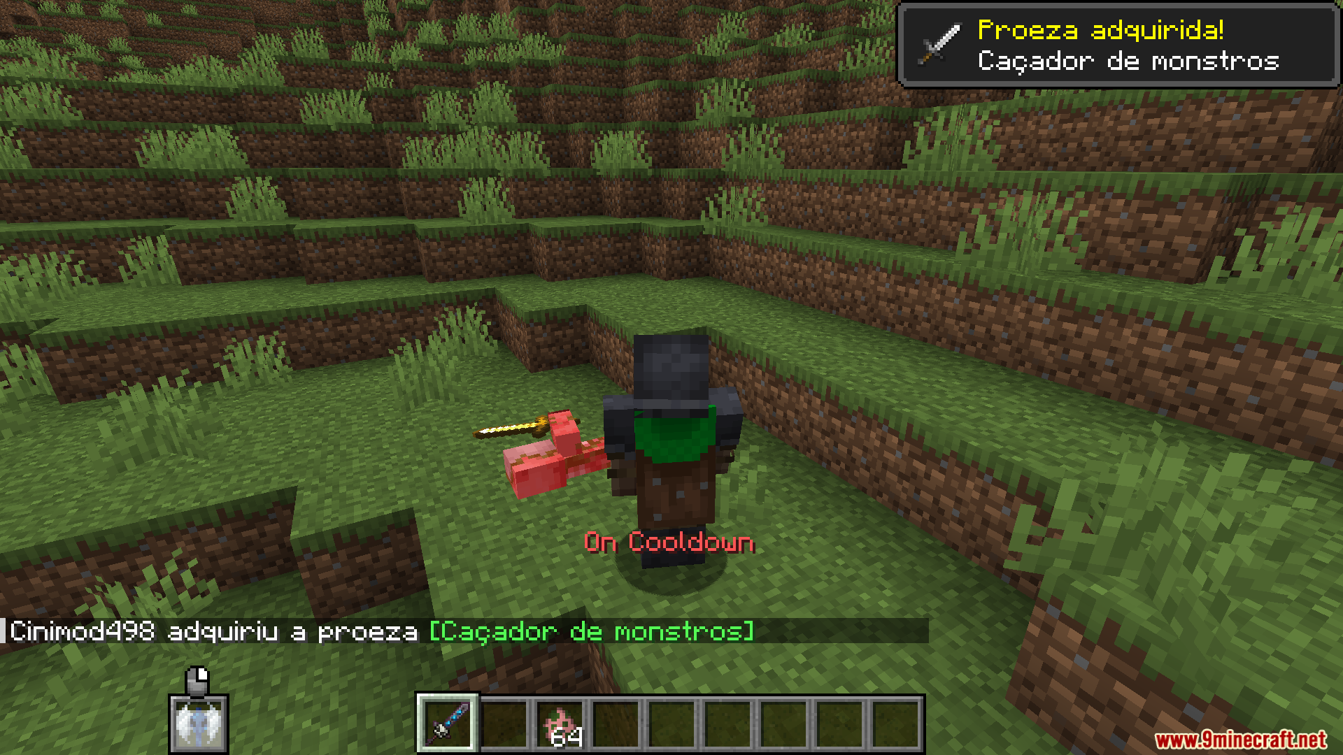 Death Knights PT BR Translation Resource Pack Screenshot 6 A player stands over a defeated mob while earning a Brazilian Portuguese achievement