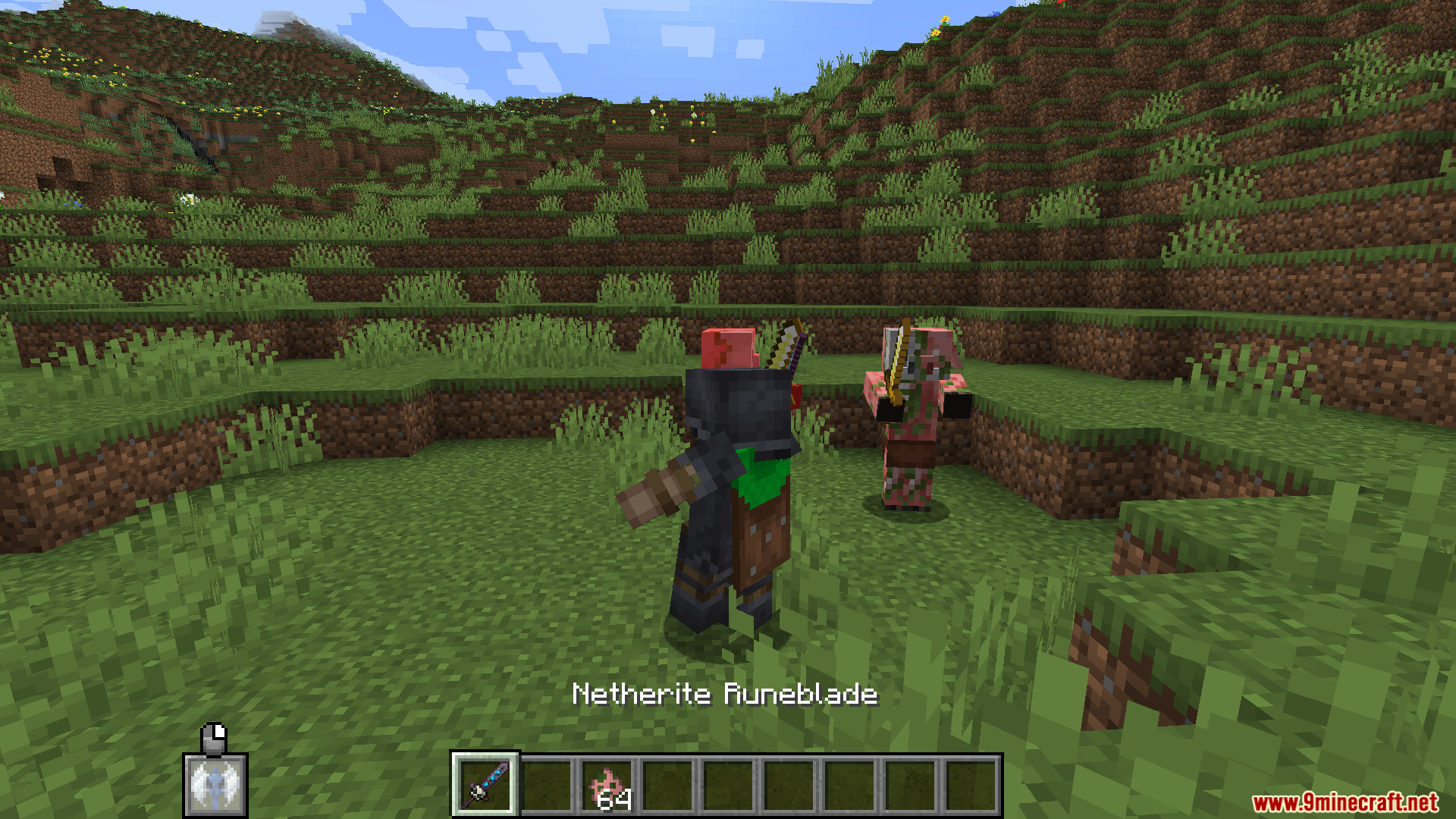 Death Knights PT BR Translation Resource Pack Screenshot 7 A player wearing dark armor holding a Netherite Runeblade near a zombified piglin