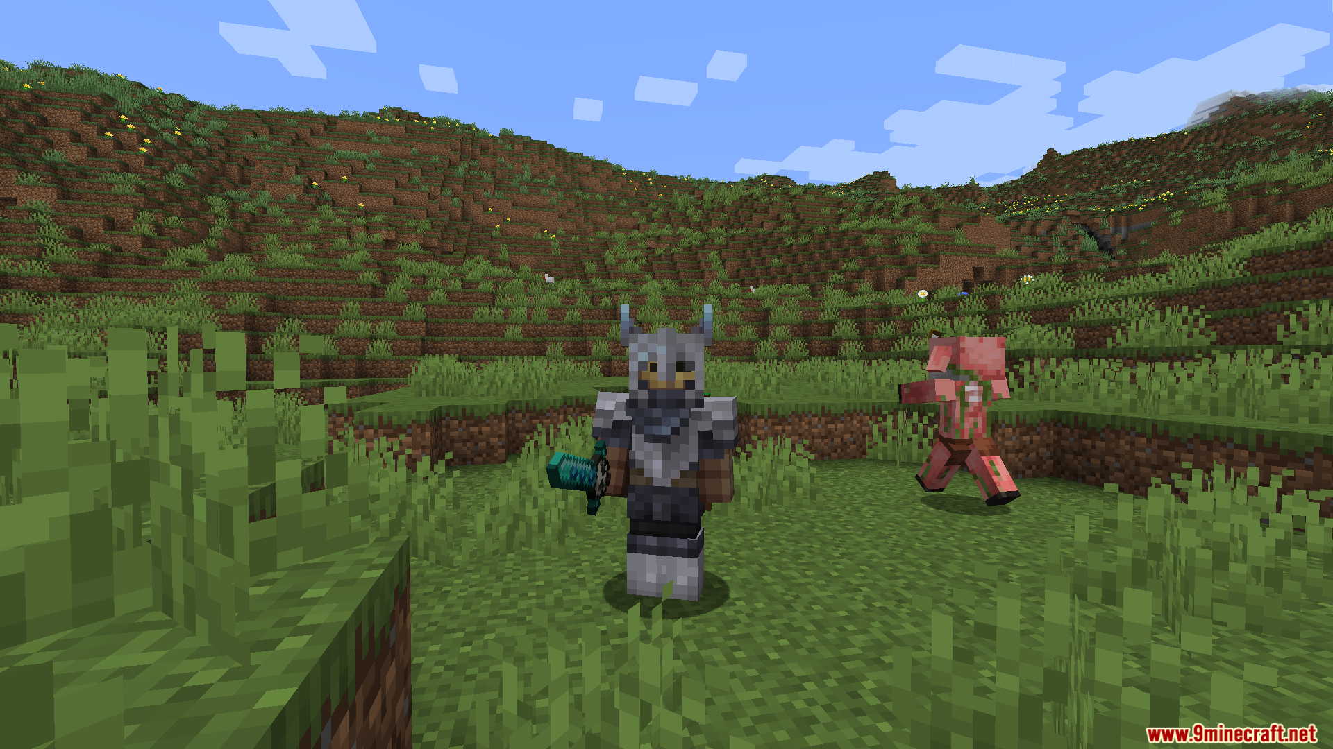 Death Knights PT BR Translation Resource Pack Screenshot 8 A player wearing Viking style armor holding a glowing blue sword in Minecraft