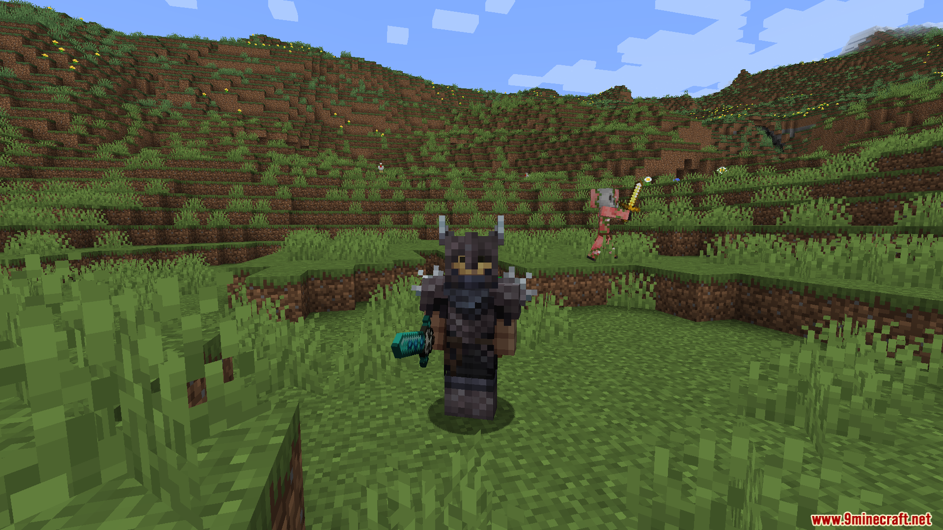 Death Knights PT BR Translation Resource Pack Screenshot 9 Minecraft player wearing dark spiked armor and holding a glowing blue magic sword
