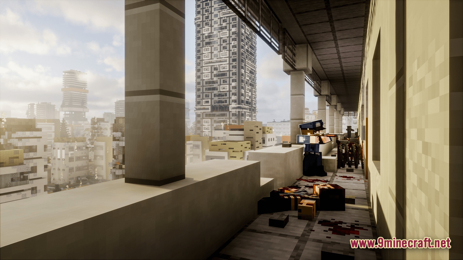 Deceased Craft Urban Zombie Apocalypse Modpack Screenshot 1 A player character aims a firearm at zombies on a high-rise balcony overlooking a ruined city