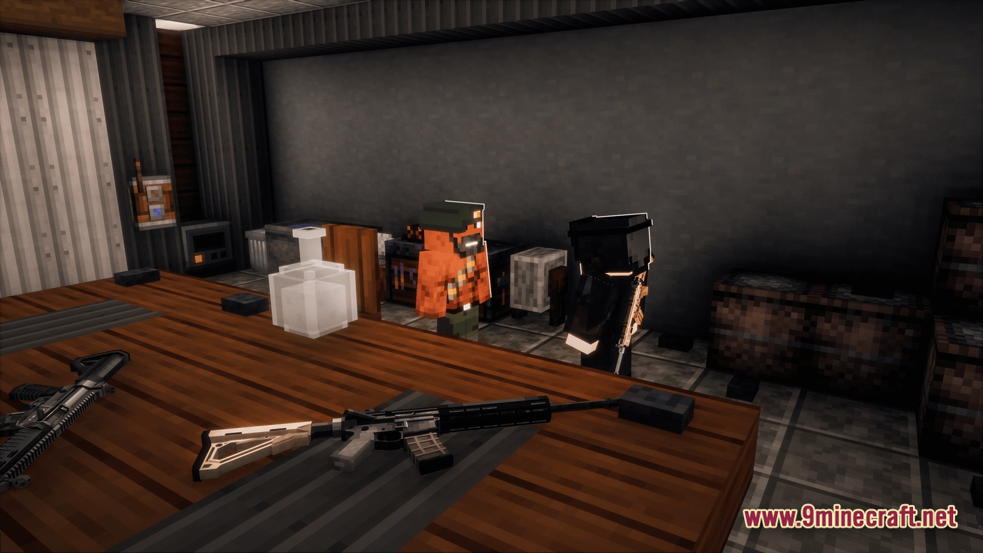 Deceased Craft Urban Zombie Apocalypse Modpack Screenshot 10 Two players standing in a base with firearms displayed on a wooden table