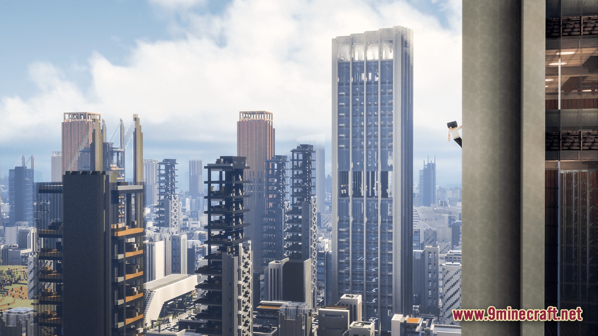 Deceased Craft Urban Zombie Apocalypse Modpack Screenshot 2 A player character scales a concrete skyscraper overlooking a dense, modern urban city skyline
