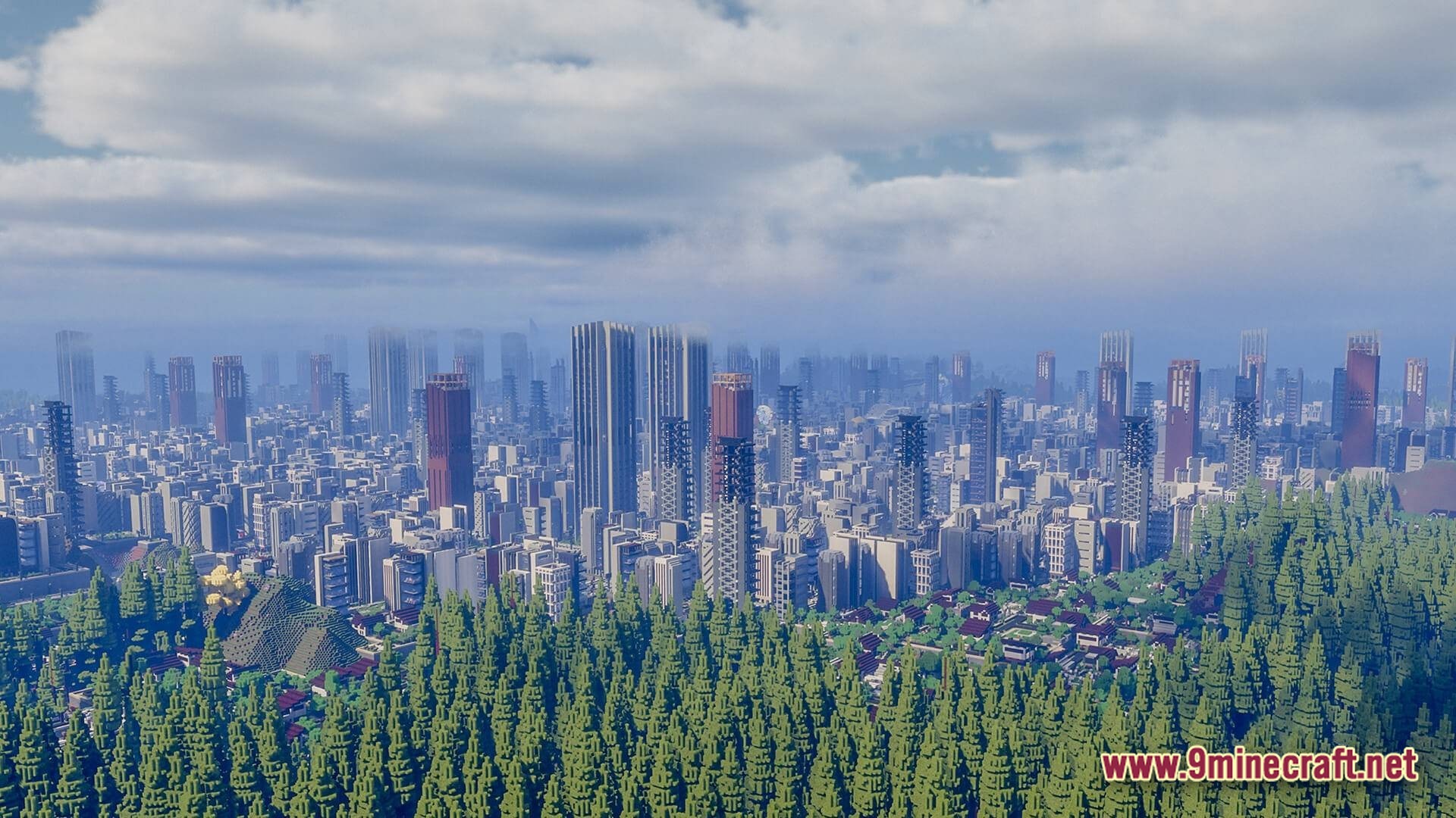 Deceased Craft Urban Zombie Apocalypse Modpack Screenshot 3 A sprawling abandoned city with numerous skyscrapers and damaged buildings bordering a dense evergreen forest