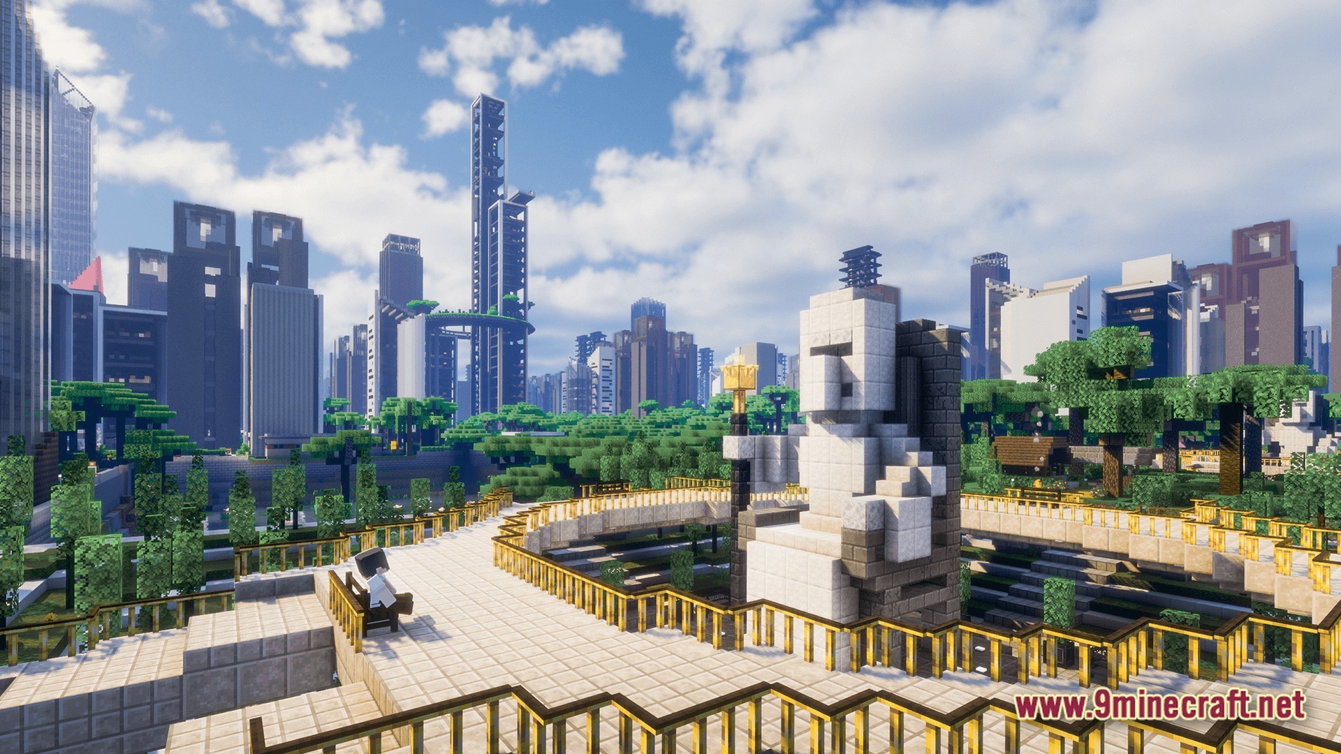 Deceased Craft Urban Zombie Apocalypse Modpack Screenshot 4 A large stone statue overlooks a park within a modern city featuring numerous skyscrapers and greenery