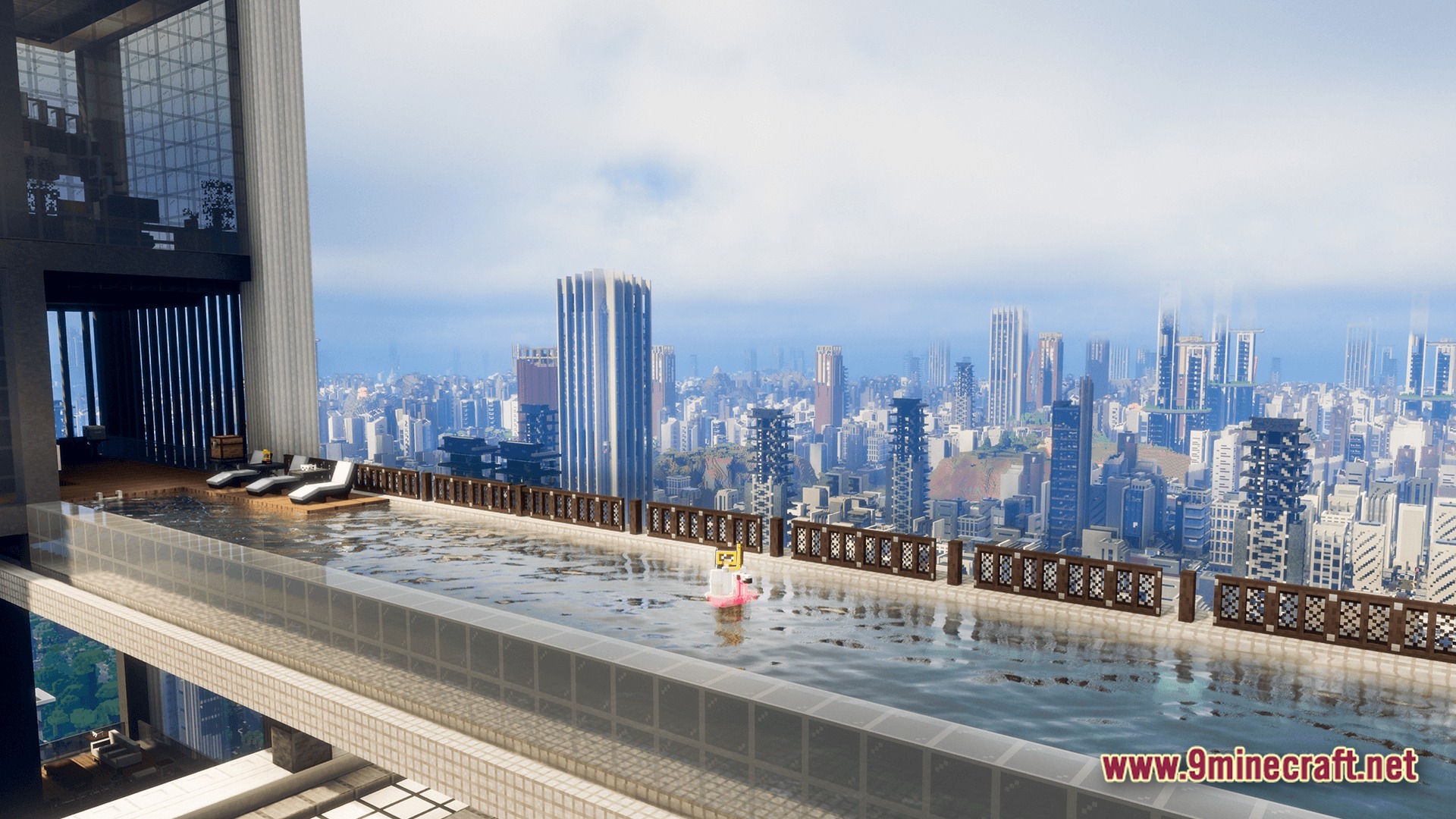 Deceased Craft Urban Zombie Apocalypse Modpack Screenshot 5 A rooftop infinity pool overlooks a sprawling urban landscape filled with modern skyscrapers and high-rise buildings