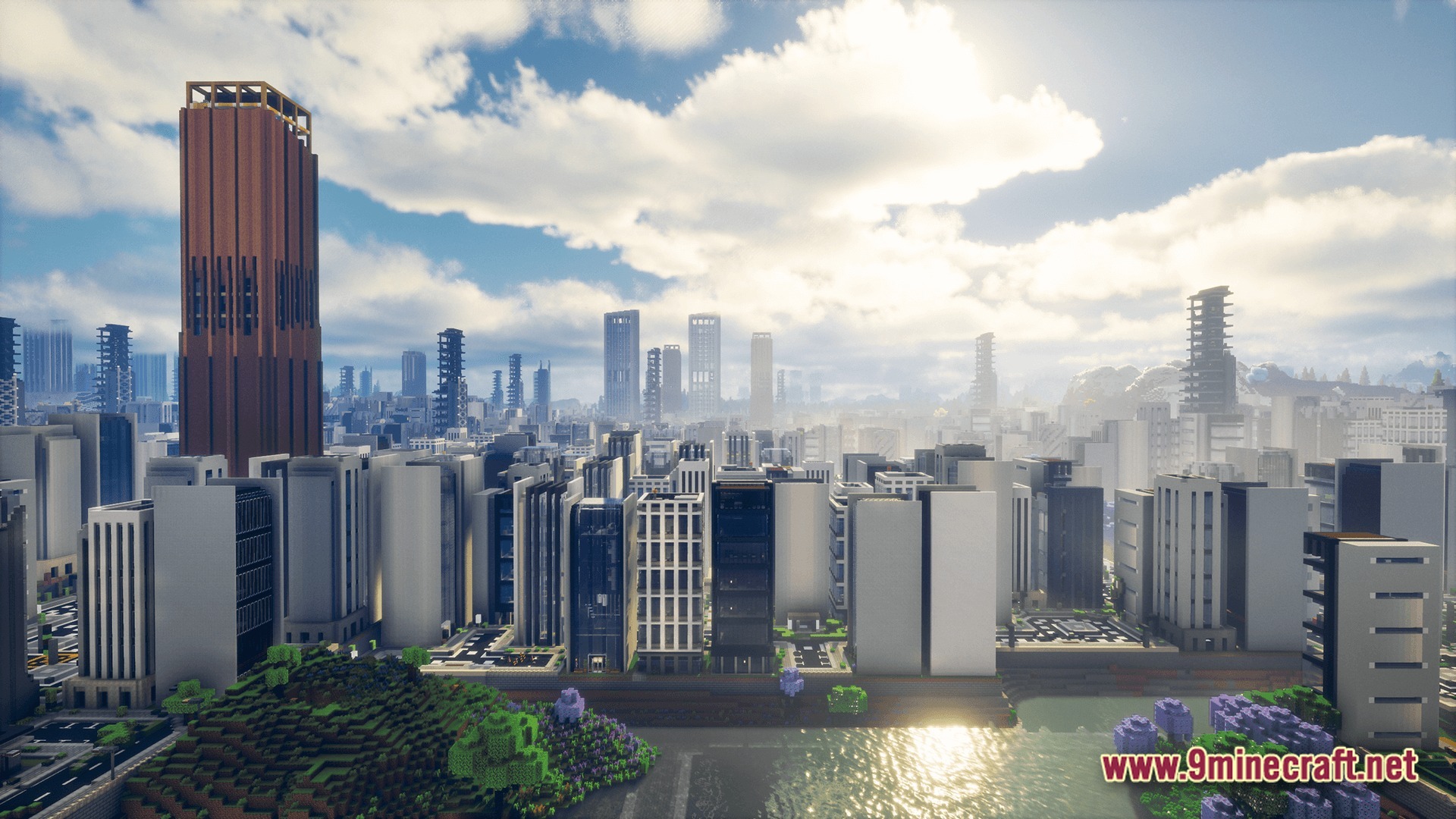 Deceased Craft Urban Zombie Apocalypse Modpack Screenshot 6 A sprawling abandoned cityscape with numerous skyscrapers and modern buildings under a bright cloudy sky