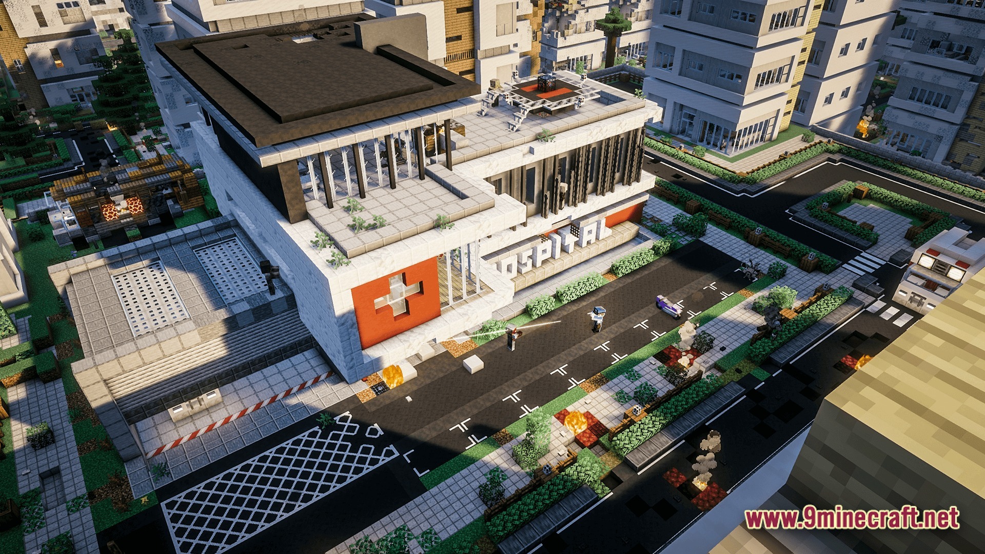 Deceased Craft Urban Zombie Apocalypse Modpack Screenshot 7 An aerial view of a modern hospital building within a dense, abandoned urban city environment