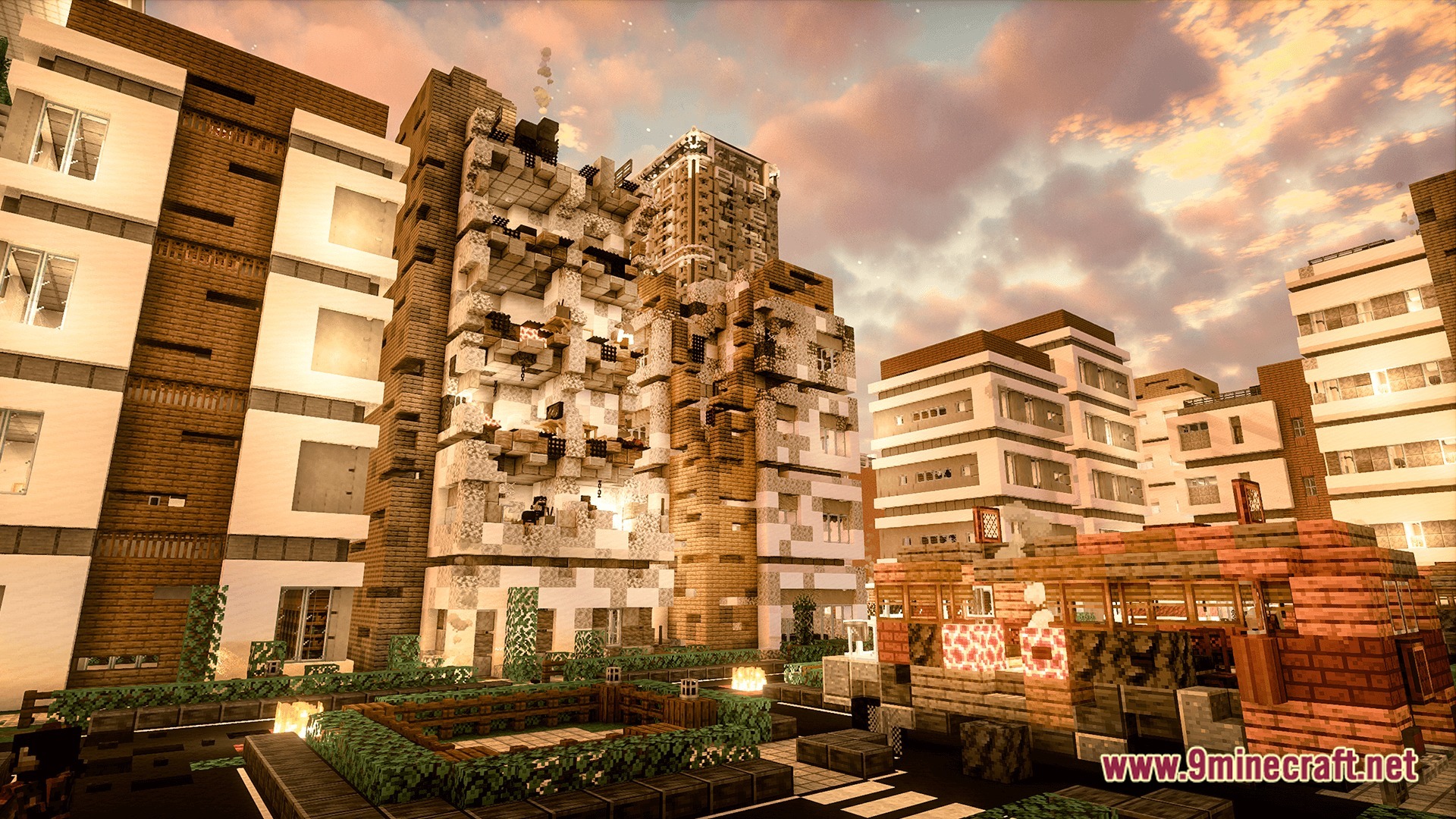 Deceased Craft Urban Zombie Apocalypse Modpack Screenshot 8 Ruined apartment buildings and a damaged bus stand in a post-apocalyptic urban city environment