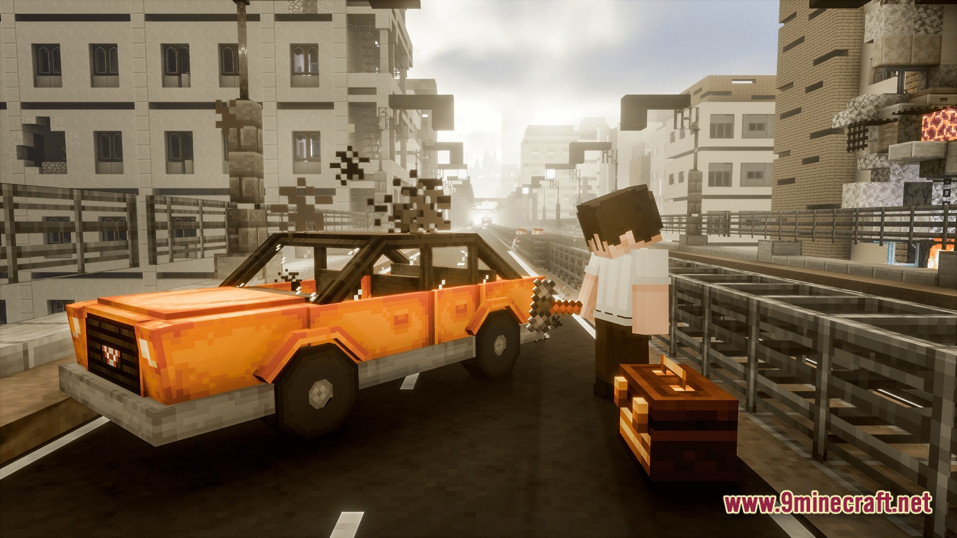 Deceased Craft Urban Zombie Apocalypse Modpack Screenshot 9 A player character stands near an orange car and a suitcase in a deserted urban city