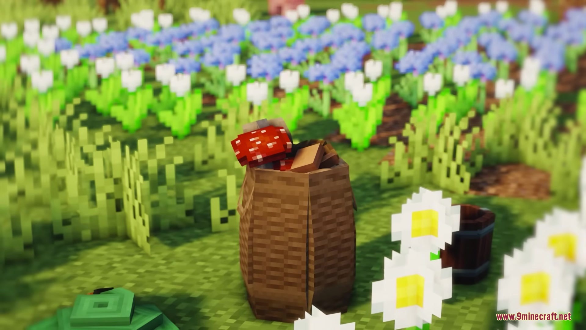 A woven basket filled with red mushrooms sitting in a flower garden