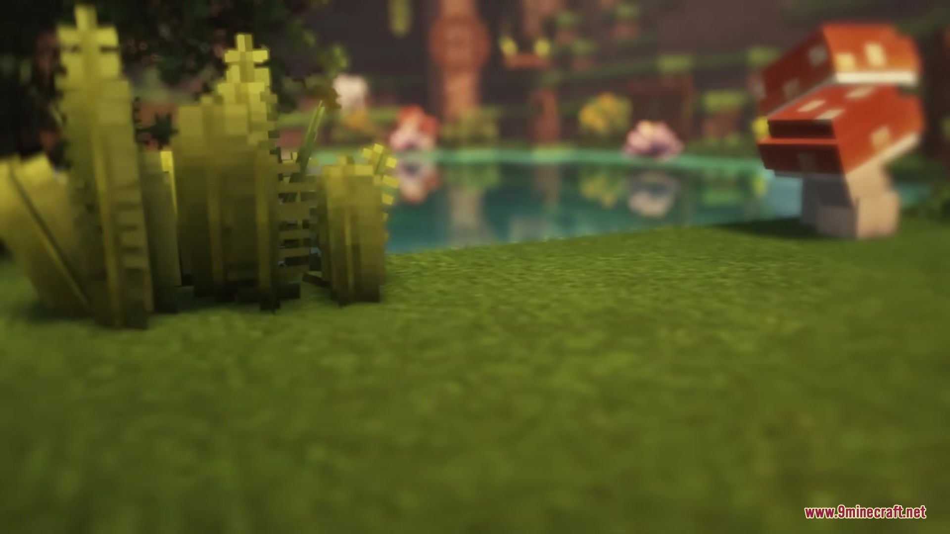 Tall green grass and red mushrooms grow near a peaceful garden pond