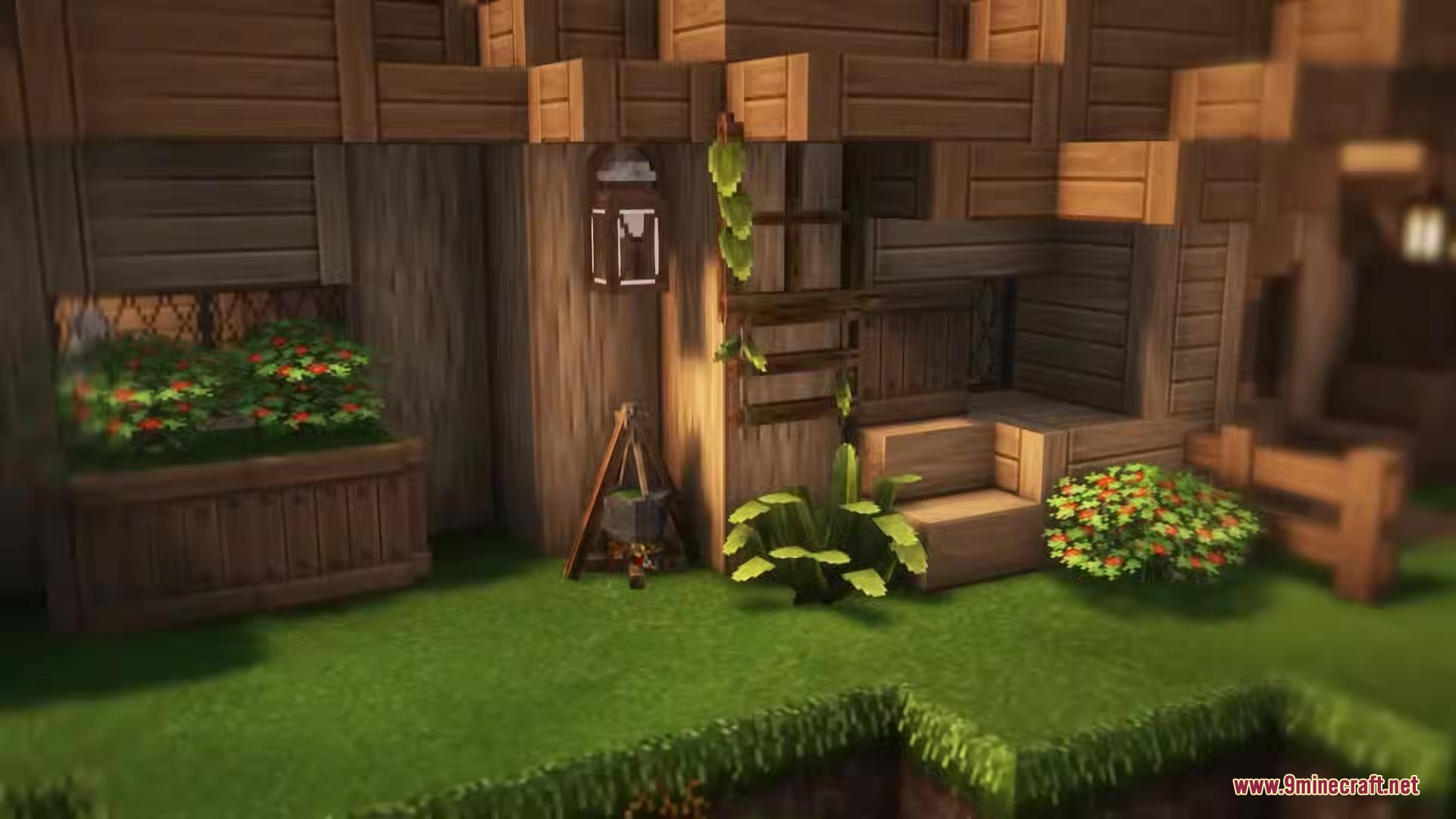 Lush greenery and flower gardens decorating the exterior of a Minecraft house