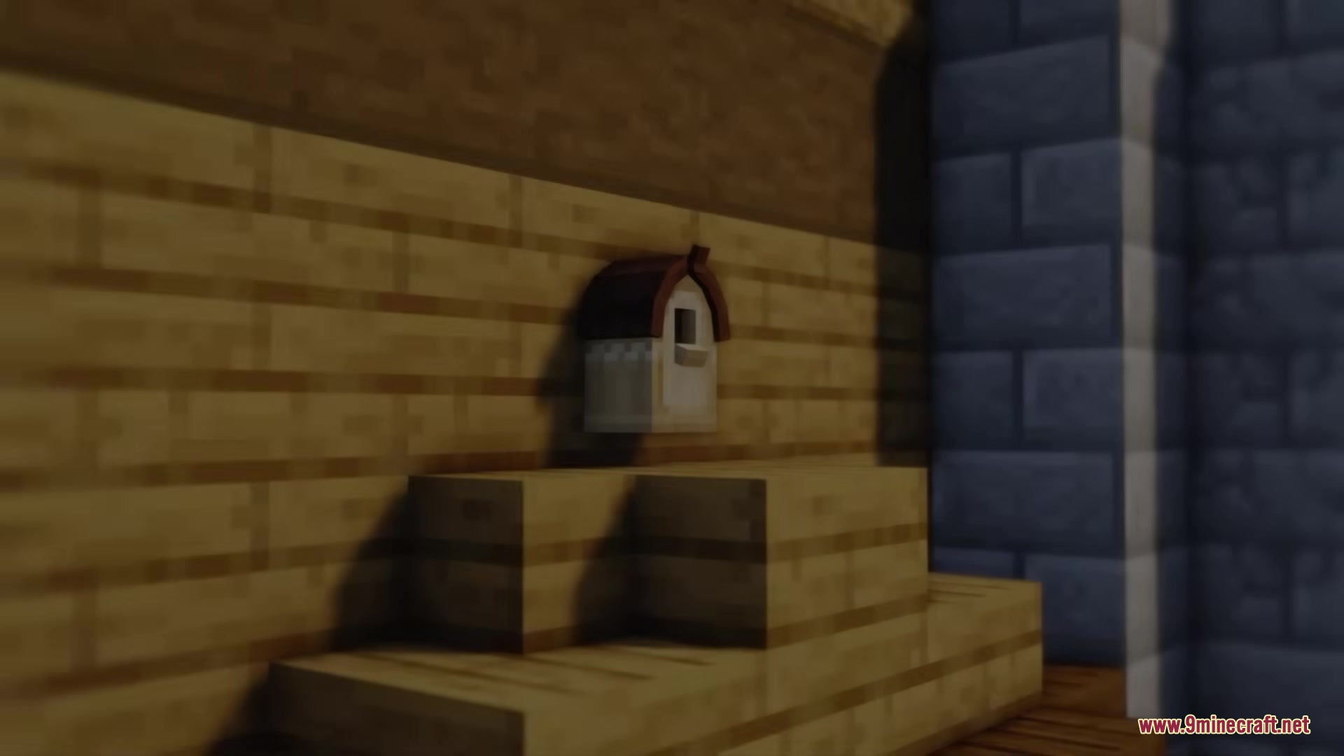 A decorative birdhouse attached to a wooden wall in a Minecraft building