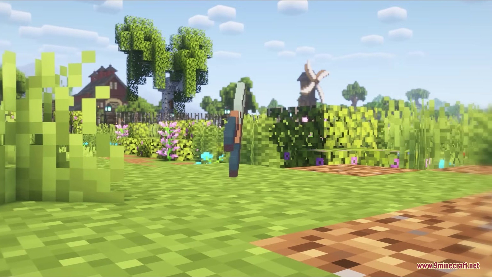 A player holding hedge clippers stands in a garden with lush green plants