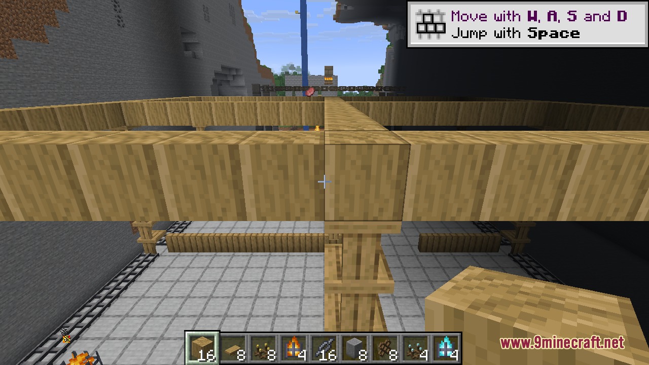 Decorative Blocks 9minecraft Mod Screenshot 10 Player building a structure with oak beams and support beams in Minecraft