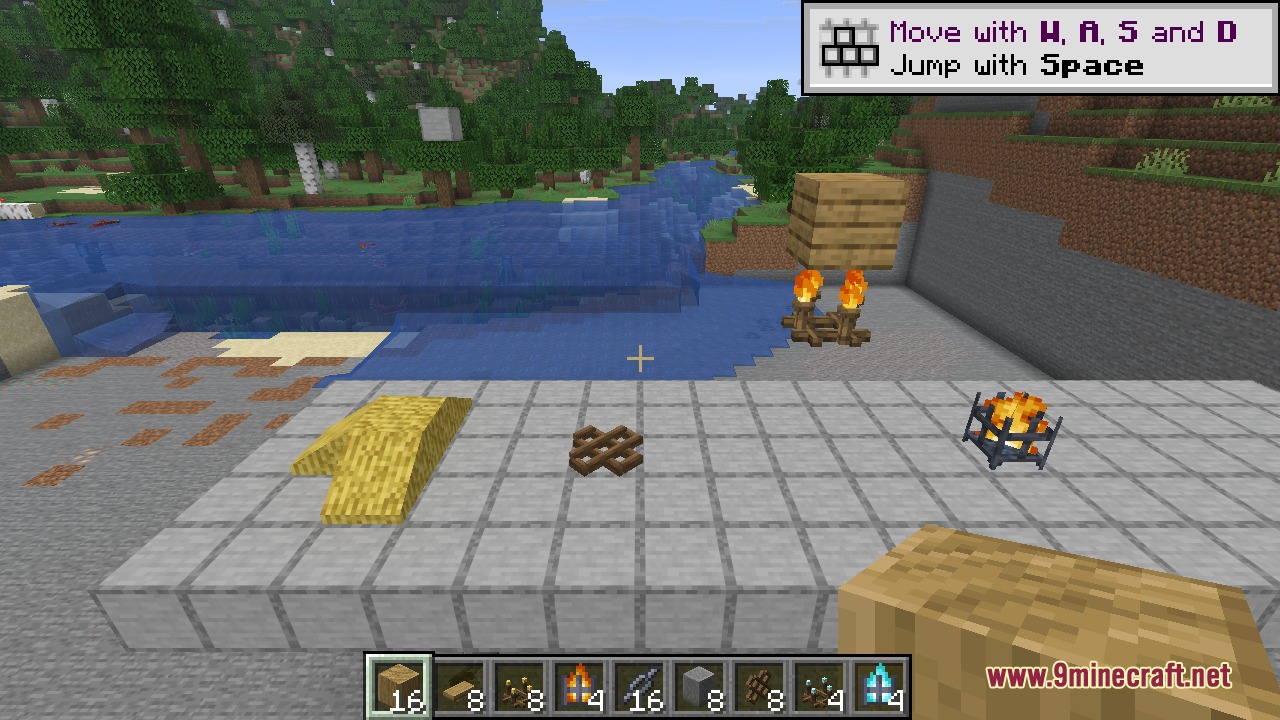 Decorative Blocks 9minecraft Mod Screenshot 3 A player looks at thatch and lattice blocks on a stone platform