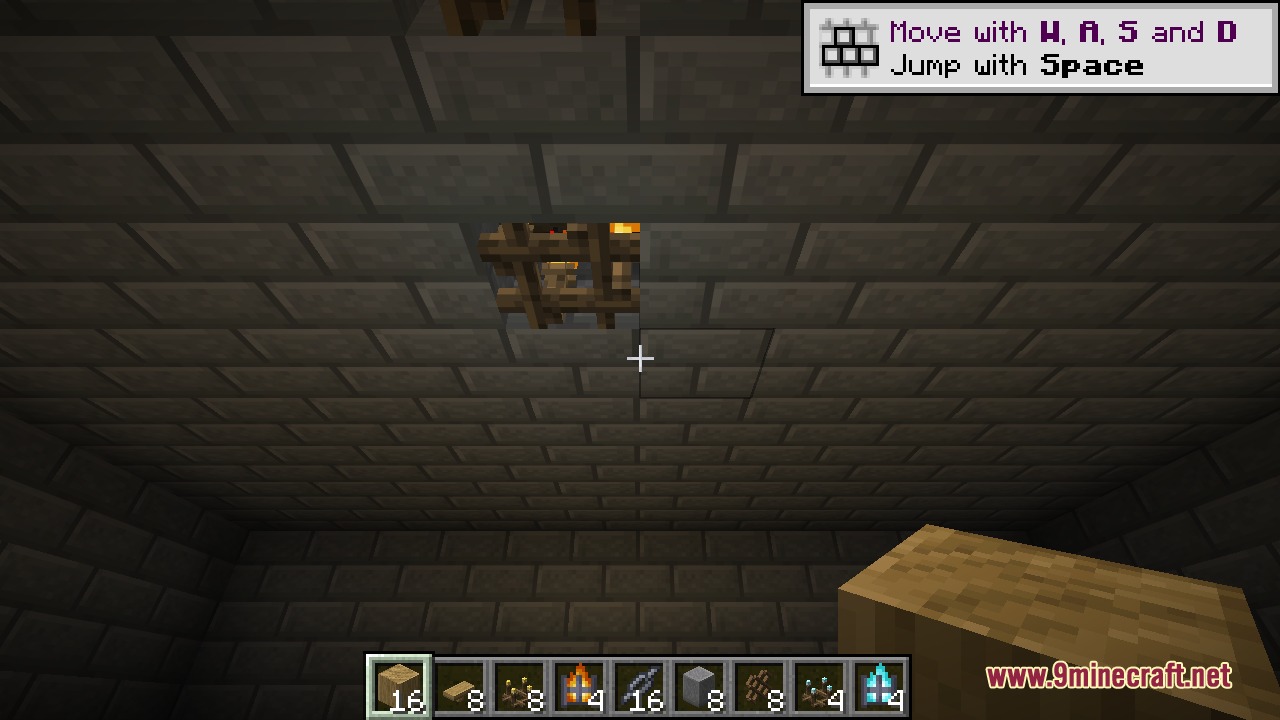 Decorative Blocks 9minecraft Mod Screenshot 5 A player looking up at a stone ceiling with a wooden lattice block