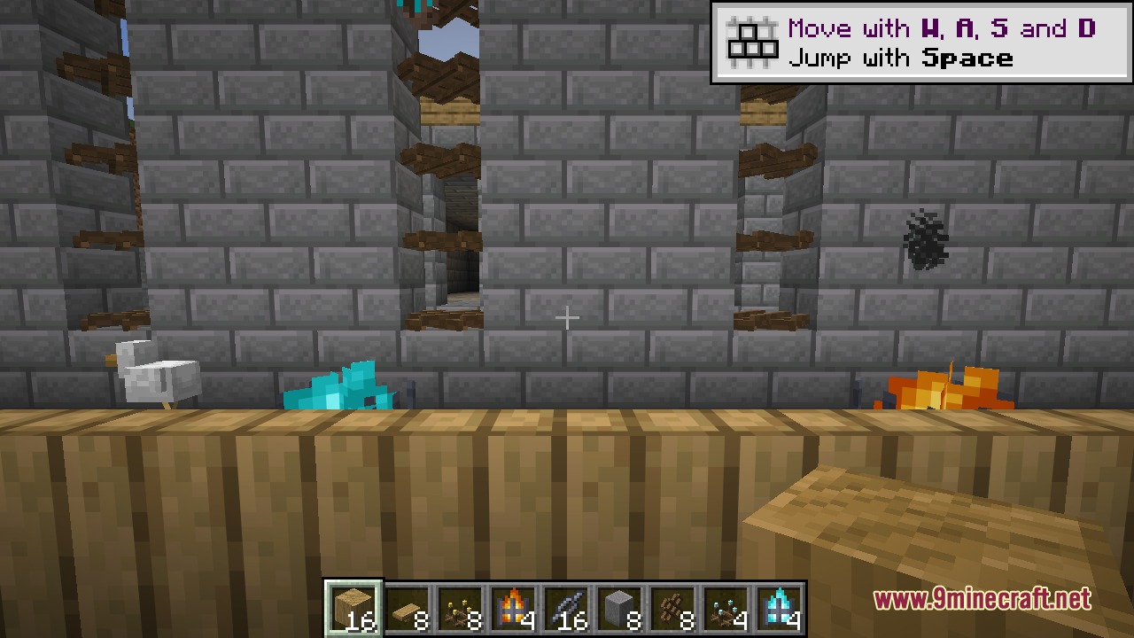Decorative Blocks 9minecraft Mod Screenshot 6 Stone pillars and wooden lattice windows with soul fire braziers in a room