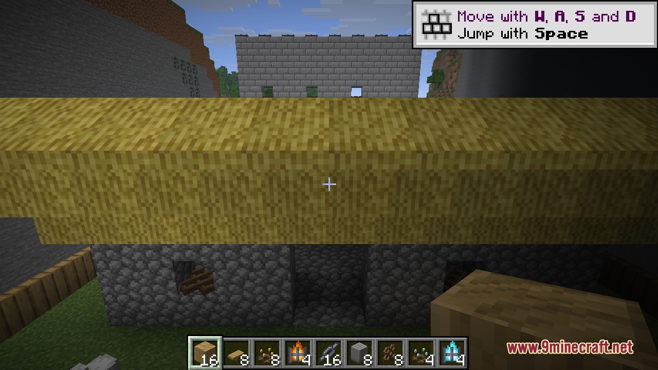 Decorative Blocks 9minecraft Mod Screenshot 7 Close up view of a cobblestone building featuring a golden straw thatch roof