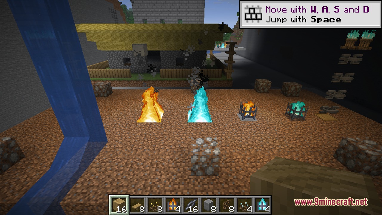 Decorative Blocks 9minecraft Mod Screenshot 8 Showcasing various orange and blue braziers and fires on a dirt ground