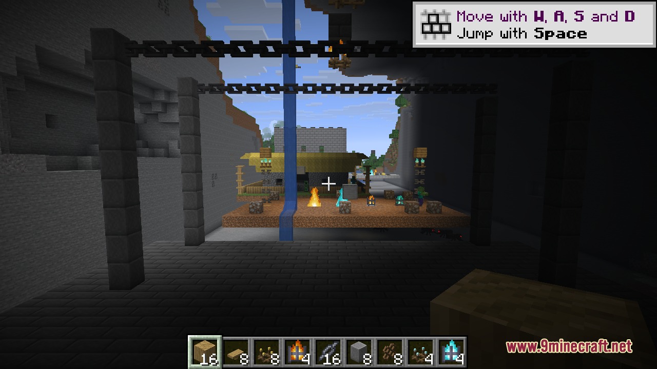 Decorative Blocks 9minecraft Mod Screenshot 9 Player viewing stone pillars and chains with braziers in a medieval build