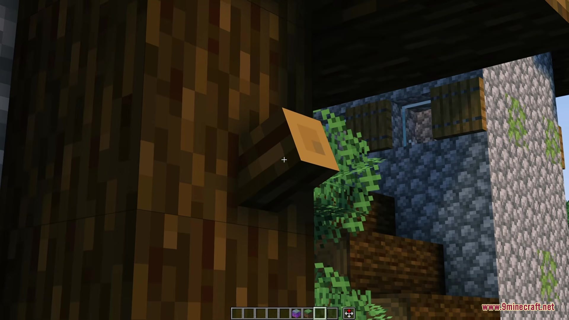 Deep Origins Overlays Resource Pack Screenshot 1 A detailed view of a dark oak tree trunk with a small branch