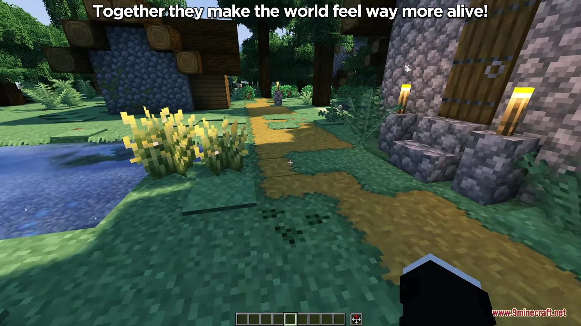 Deep Origins Overlays Resource Pack Screenshot 10 A dirt path winds through a village with blended textures and torches