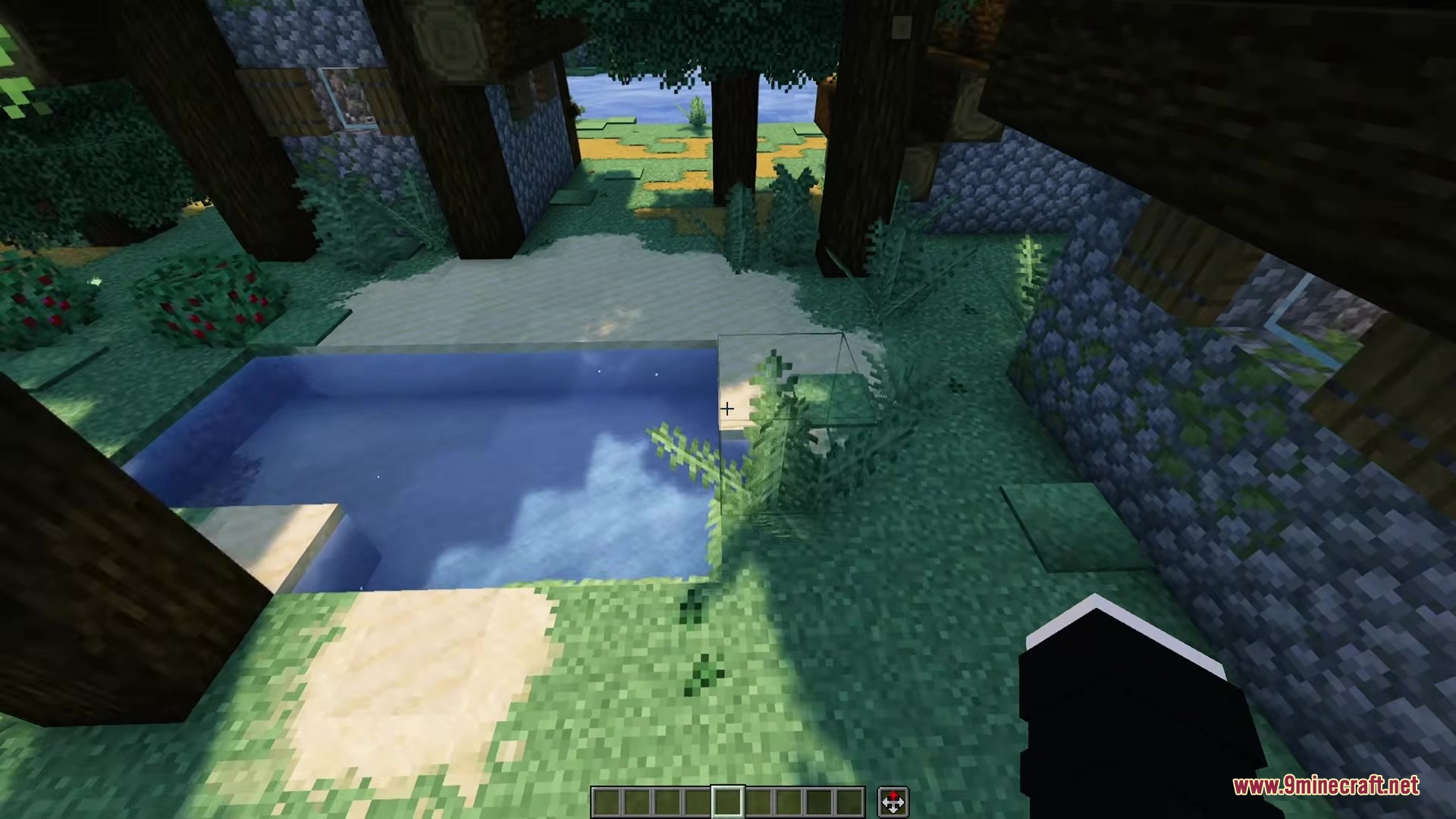 Deep Origins Overlays Resource Pack Screenshot 2 A small water pond with smooth terrain blending between grass and sand blocks