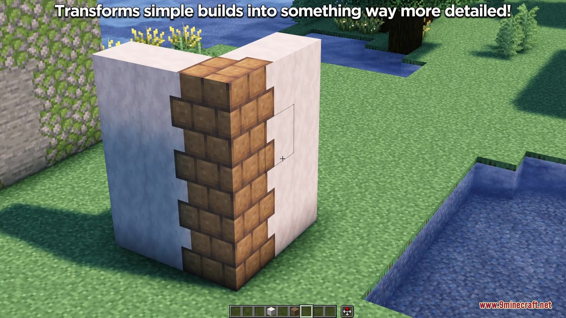 Deep Origins Overlays Resource Pack Screenshot 7 White concrete and brown brick blocks blending together with natural jagged edges