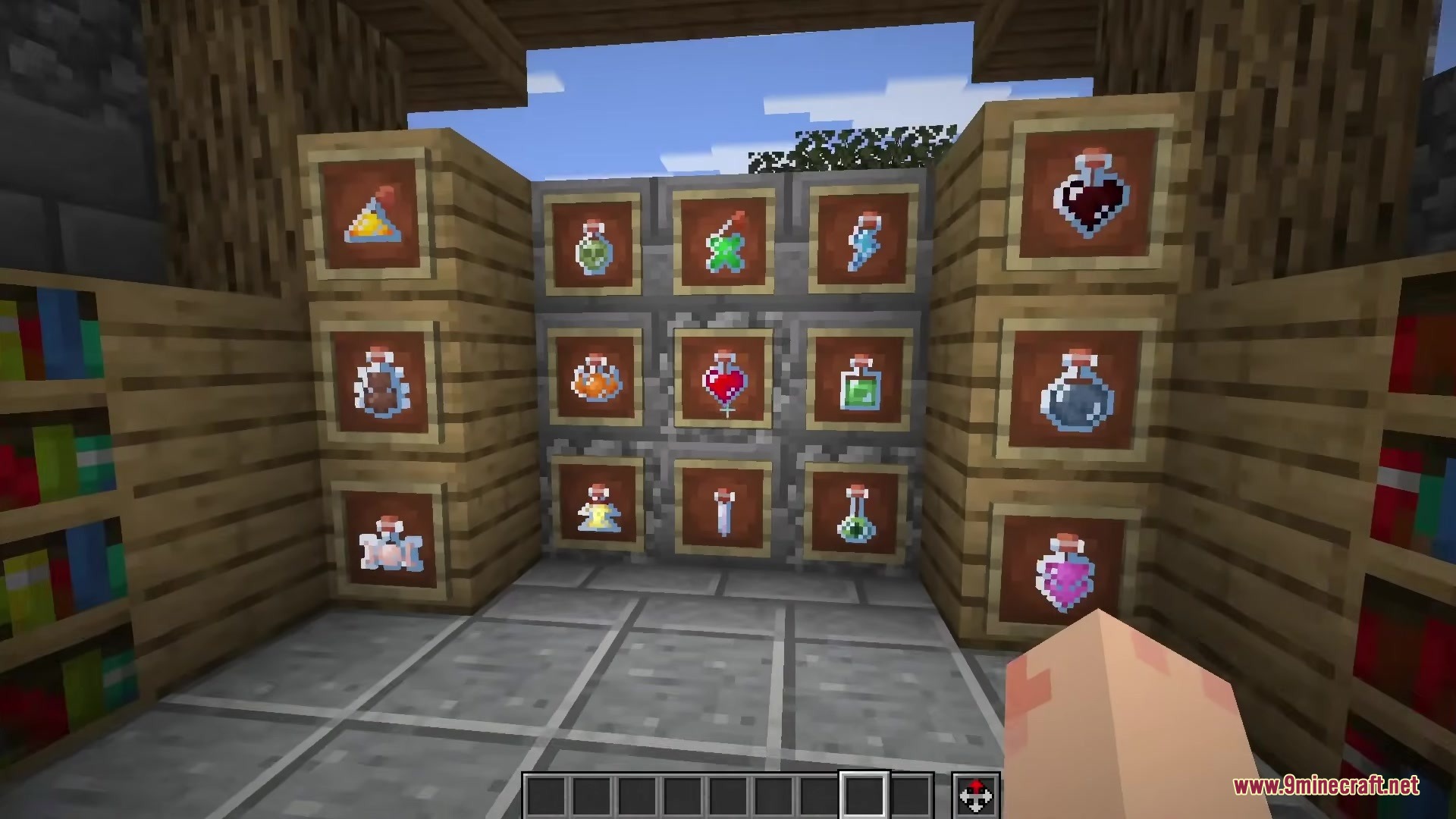 Various custom potion bottles displayed in item frames on wooden walls