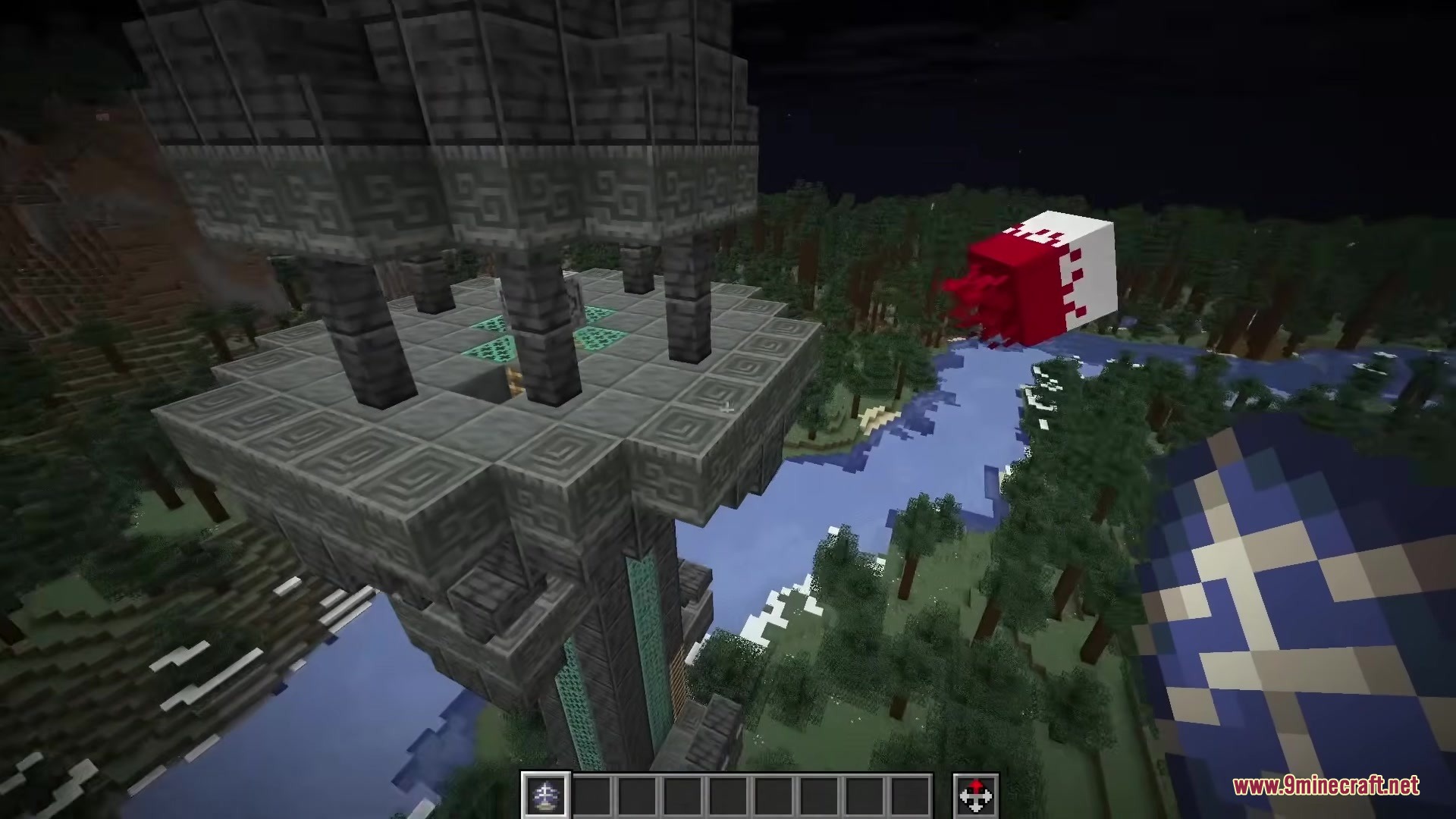 A red Demon Eye phantom flying near a tall stone tower