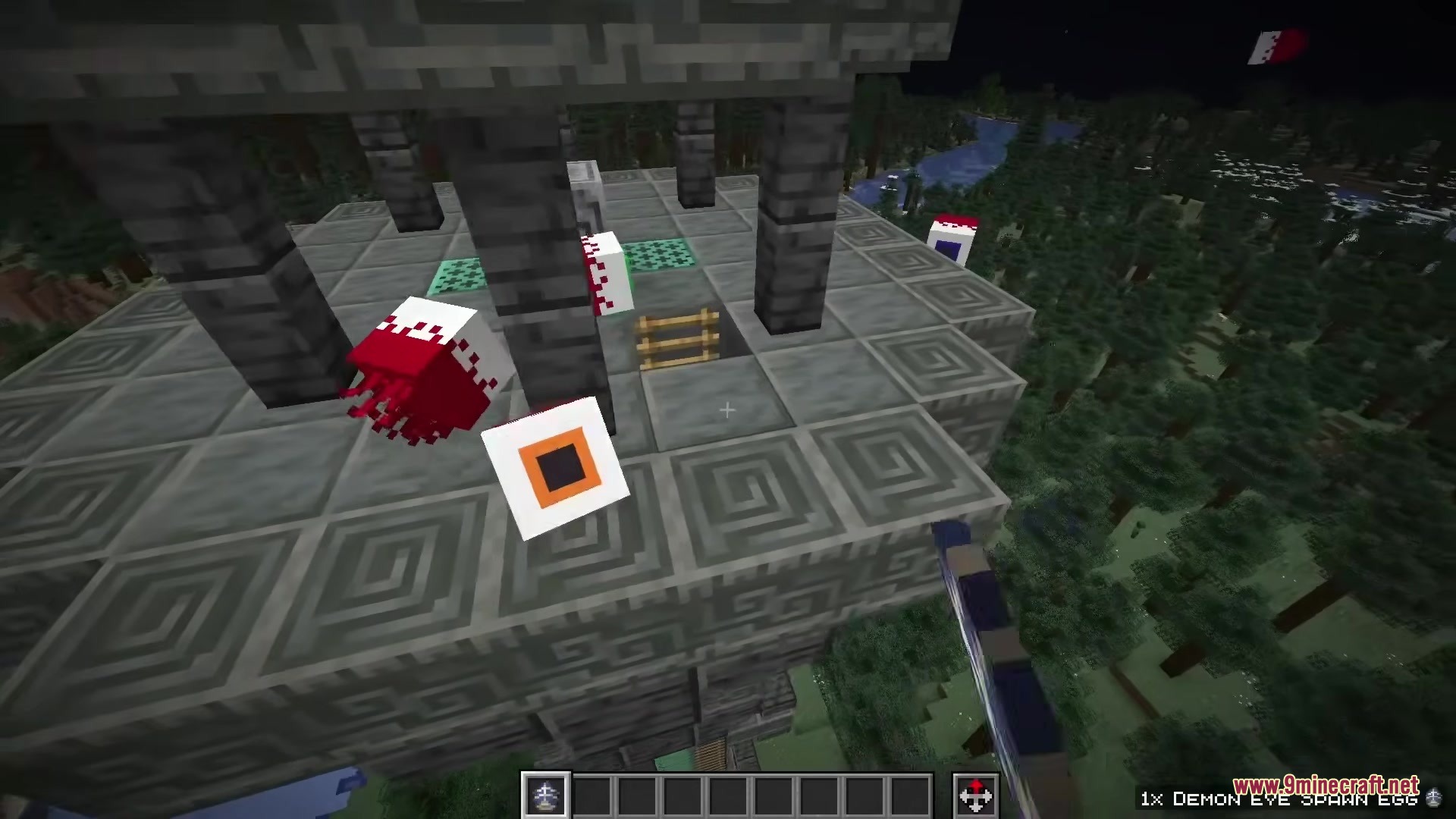 A player holds a spawn egg near floating Demon Eye Phantoms at night