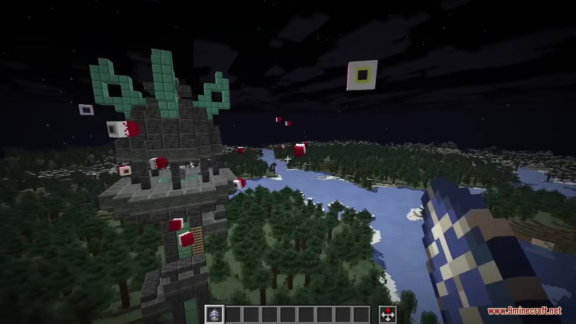 Many red eye creatures fly through the night sky above a forest