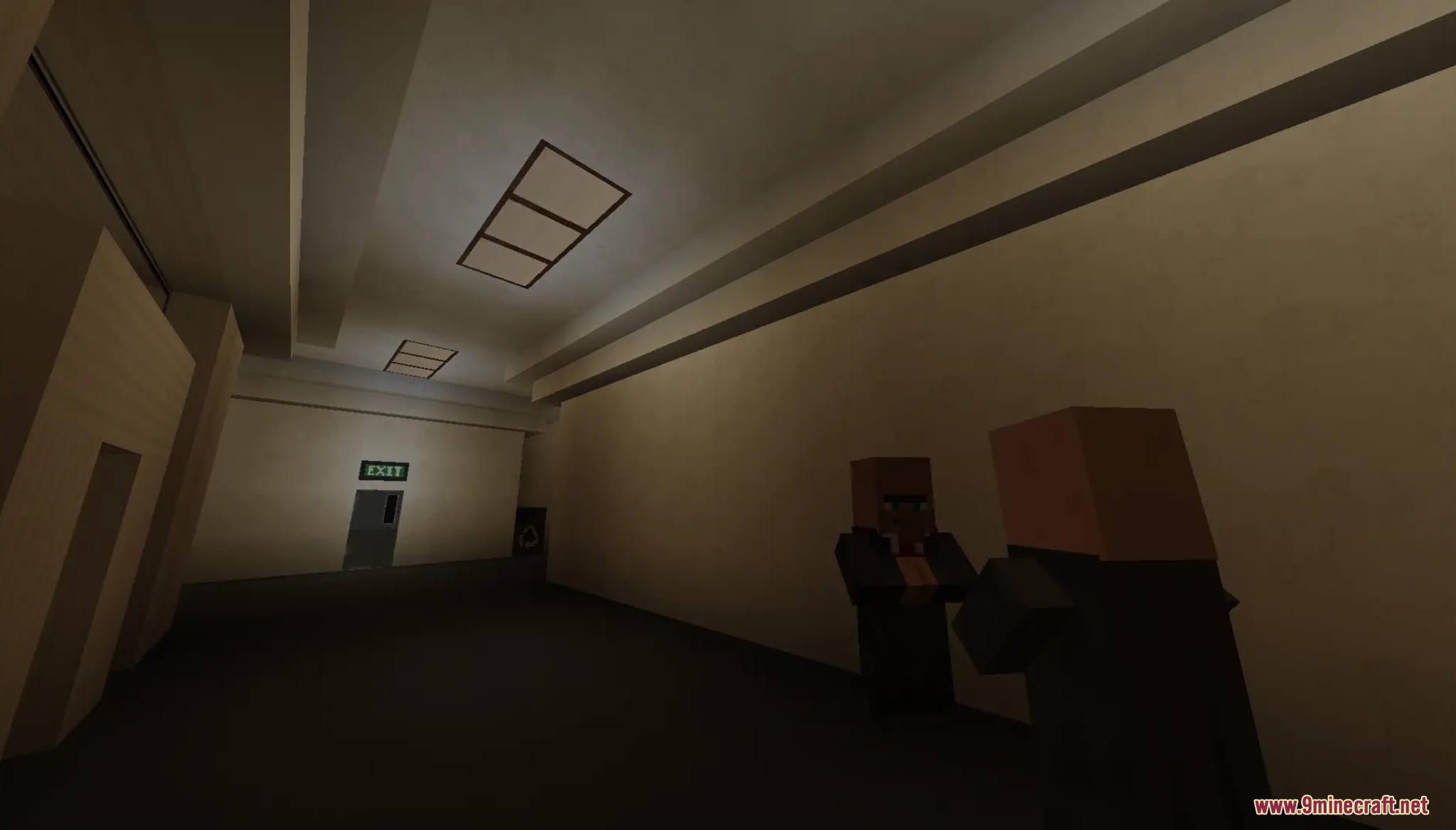Descend Map Screenshot 1 Two blocky figures stand in a dark hallway in the Descend horror map