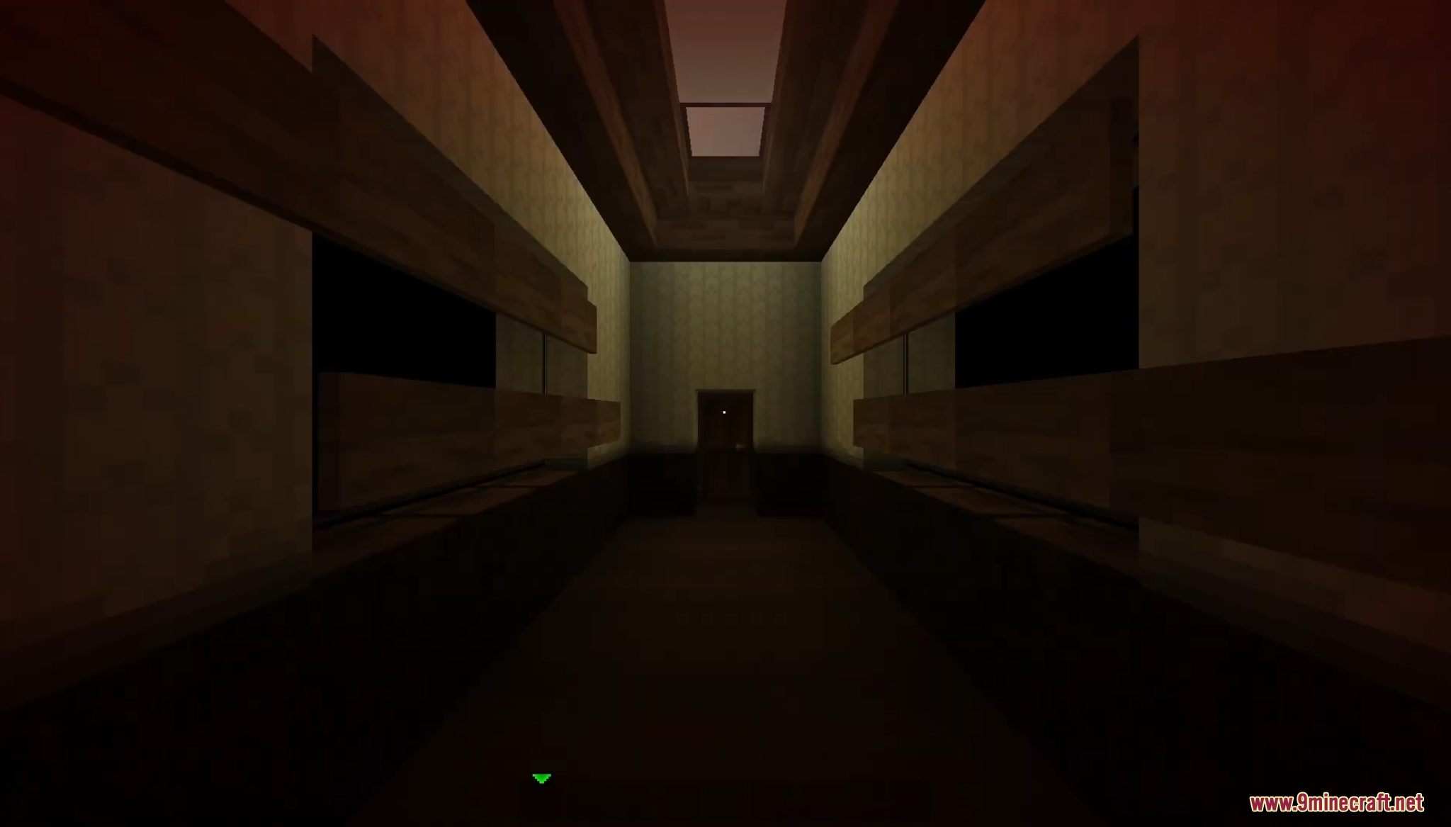 Descend Map Screenshot 10 A dark hallway with wooden panels leading to a door in Minecraft