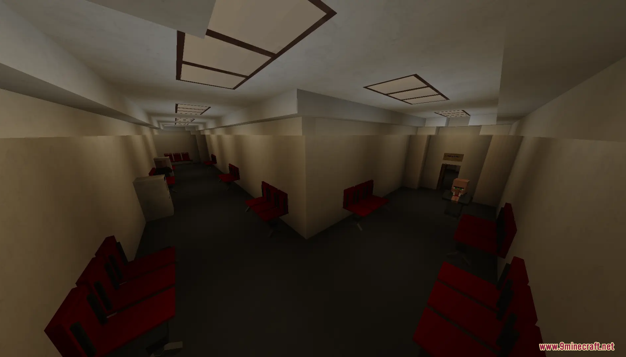 Descend Map Screenshot 3 A dimly lit hallway with red chairs in the Descend Minecraft map