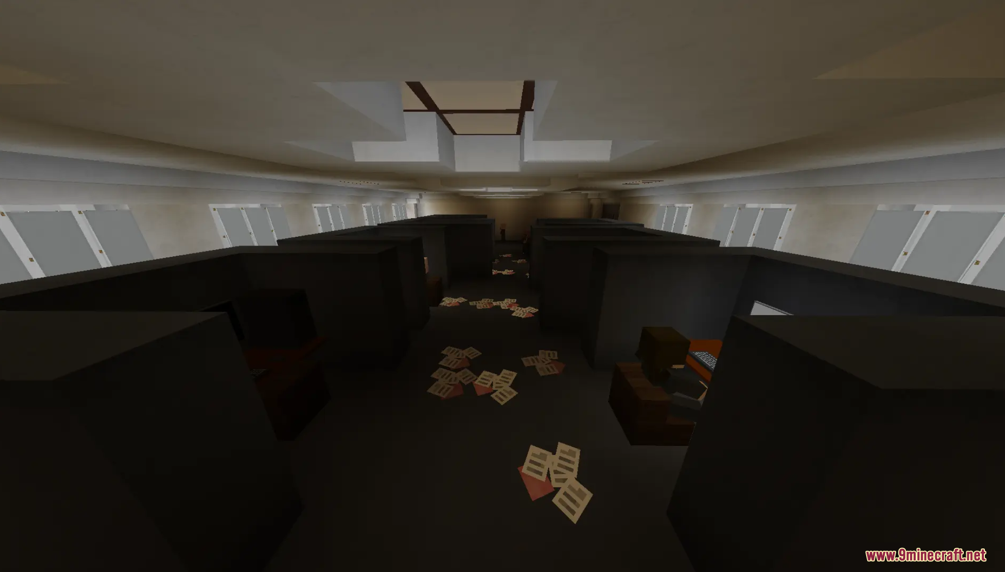 Descend Map Screenshot 4 An abandoned office area with cubicles and papers scattered on the floor