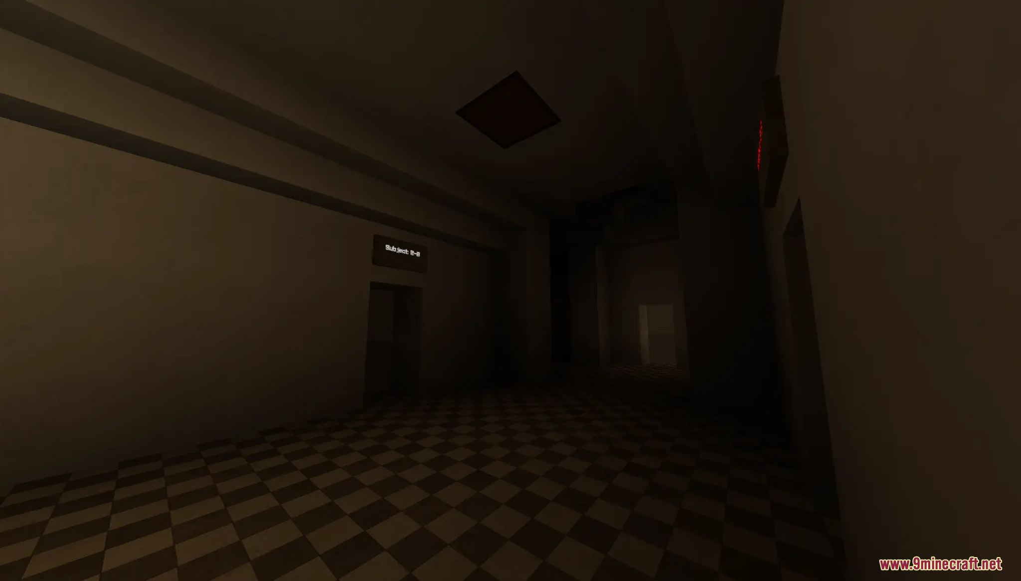 Descend Map Screenshot 7 A dark facility hallway with a checkered floor in the Descend map