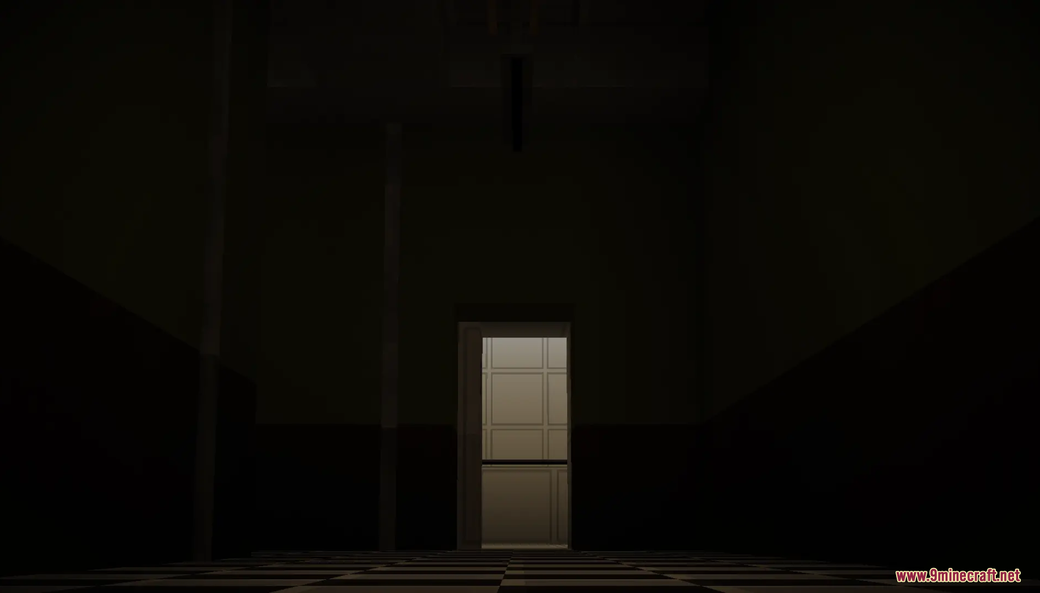 Descend Map Screenshot 8 A dark room with a checkered floor looking towards a bright open doorway