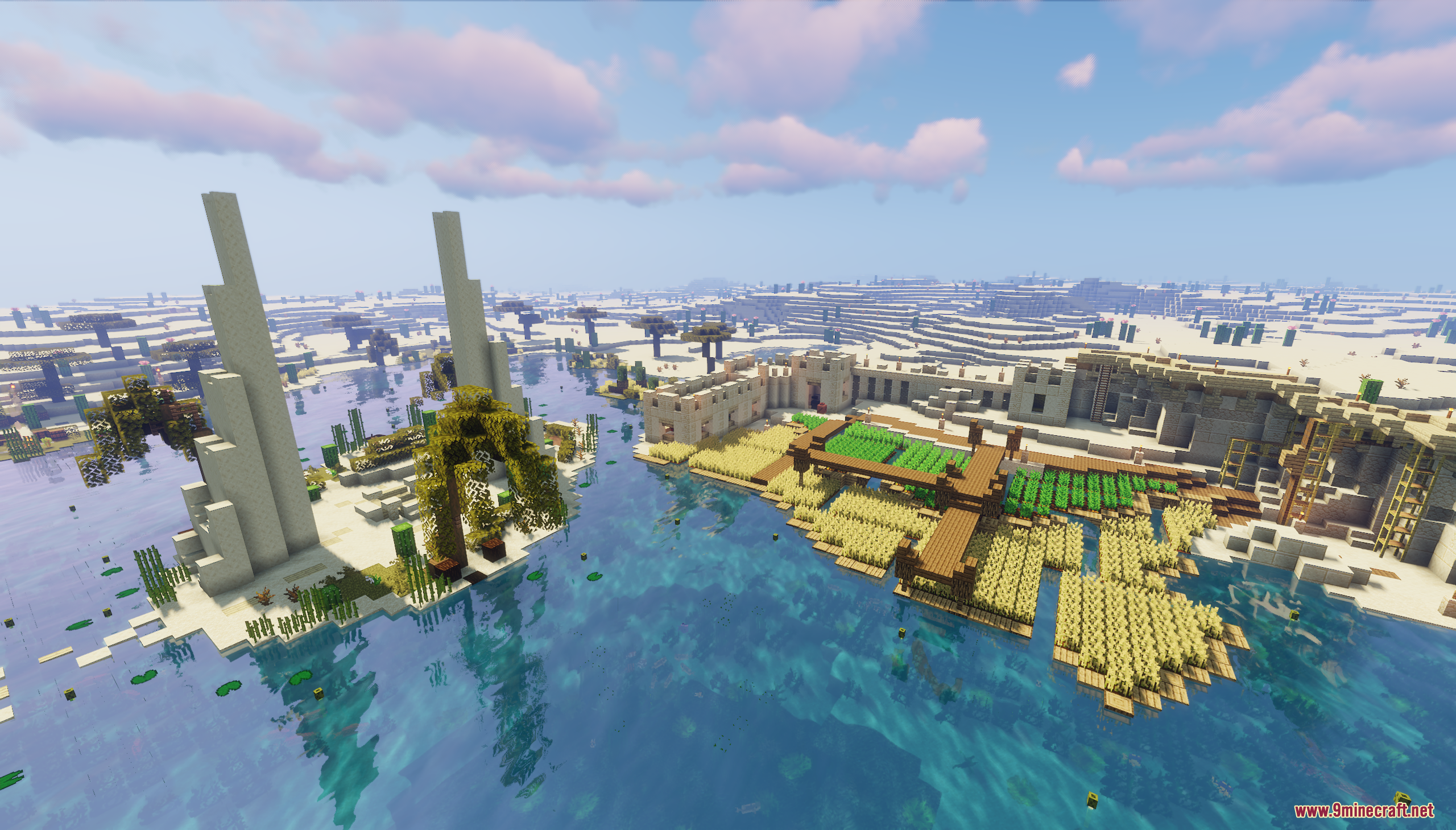 Desert Oasis City Map Screenshot 1 Desert Oasis City Map features lush farms and tall white structures near water