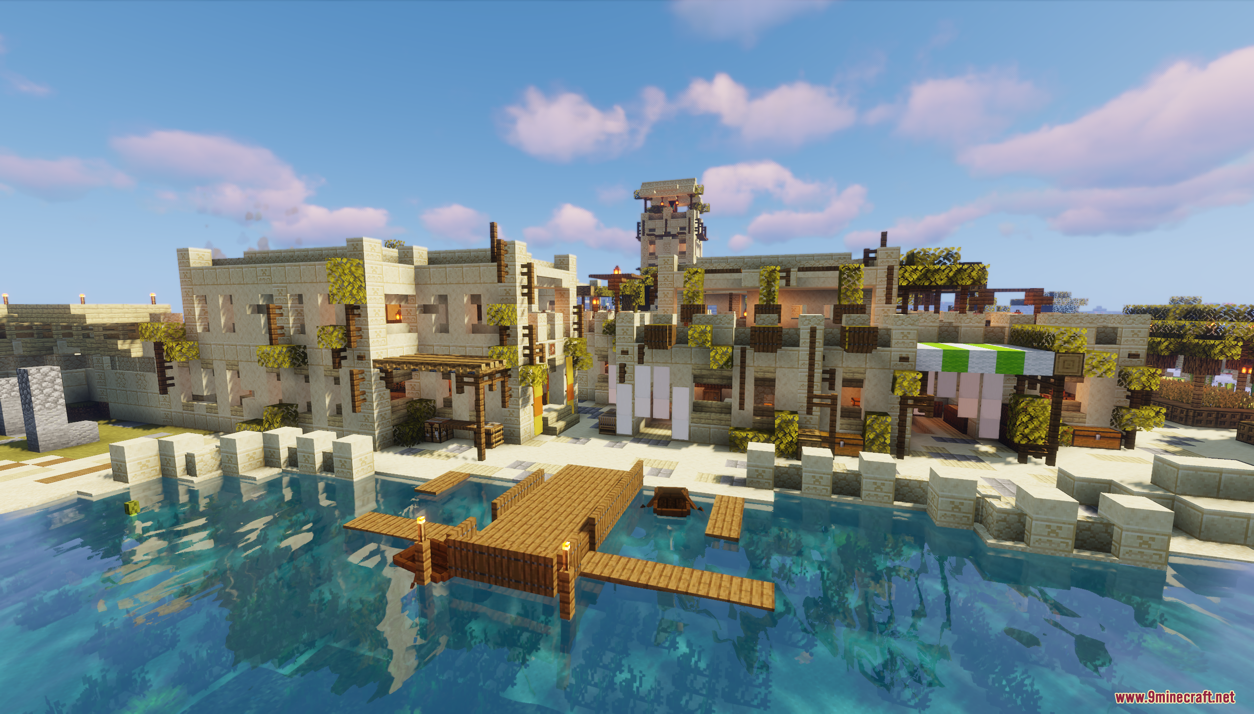 Desert Oasis City Map Screenshot 2 Detailed sandstone houses and a wooden pier overlooking a calm desert lake