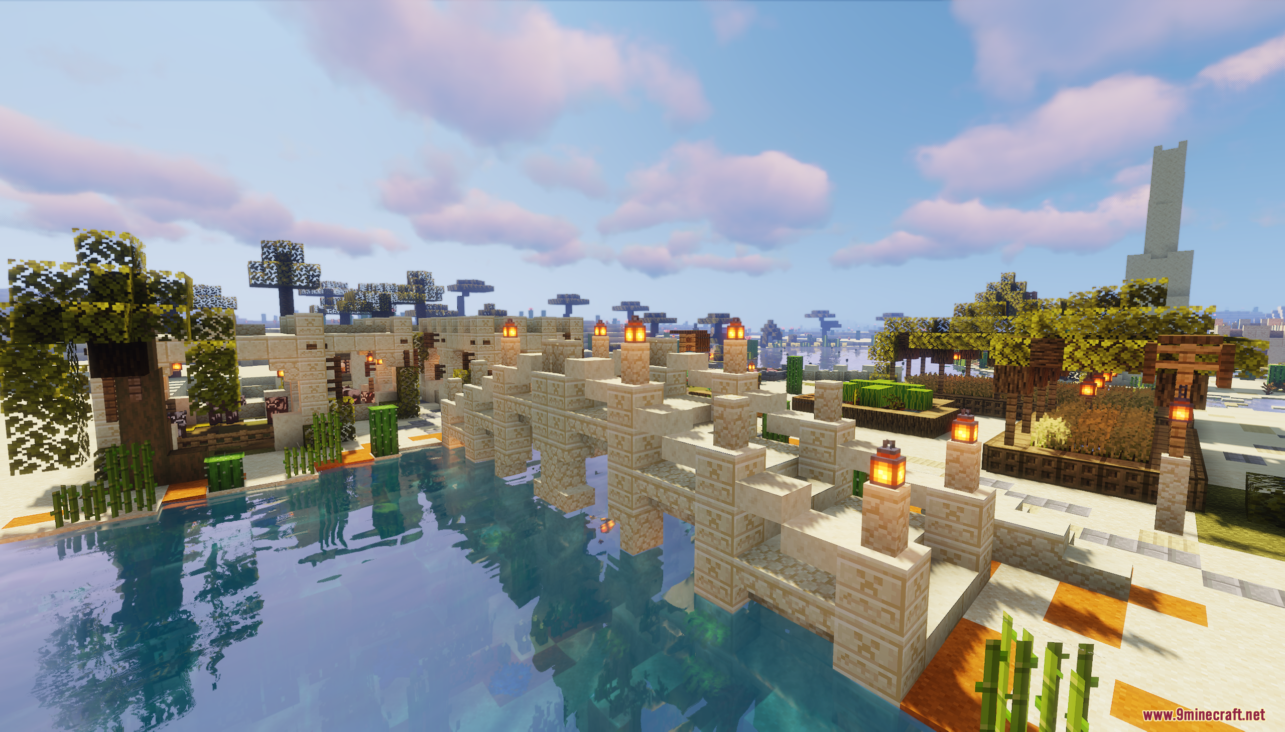Desert Oasis City Map Screenshot 3 Sandstone bridge with lanterns crossing a river in a desert oasis