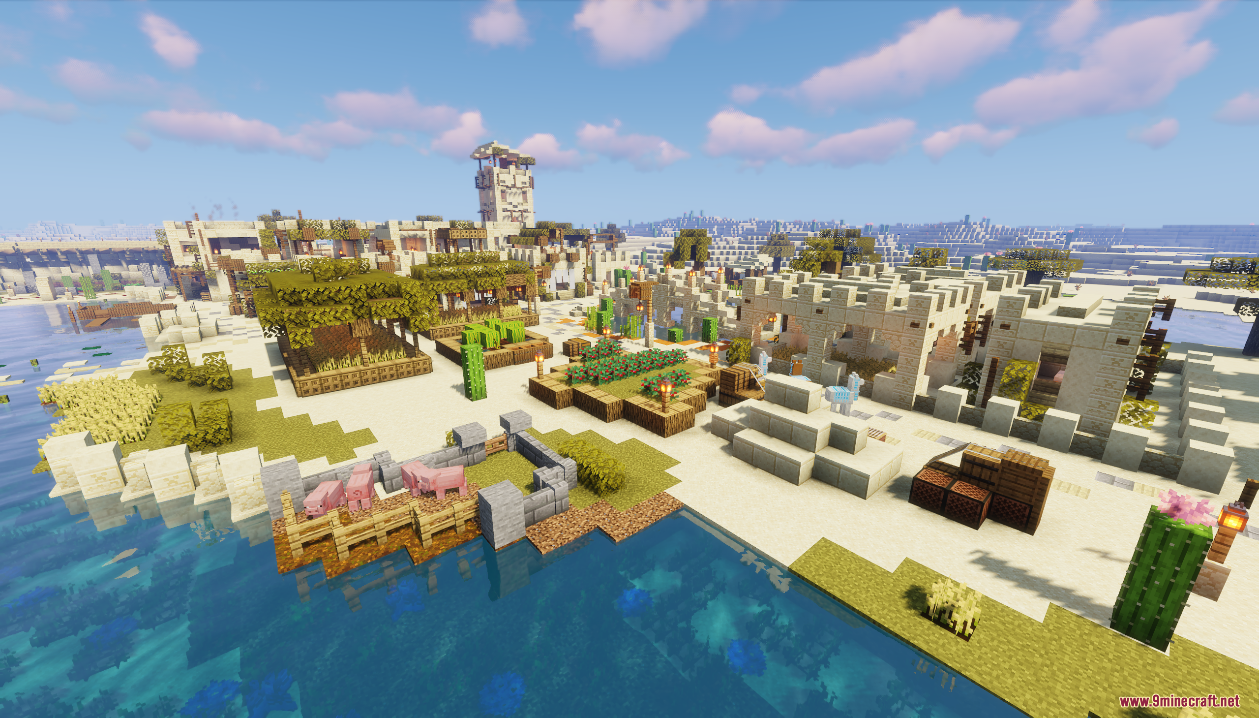 Desert Oasis City Map Screenshot 4 Overhead view of the Desert Oasis City Map featuring farms and animal pens