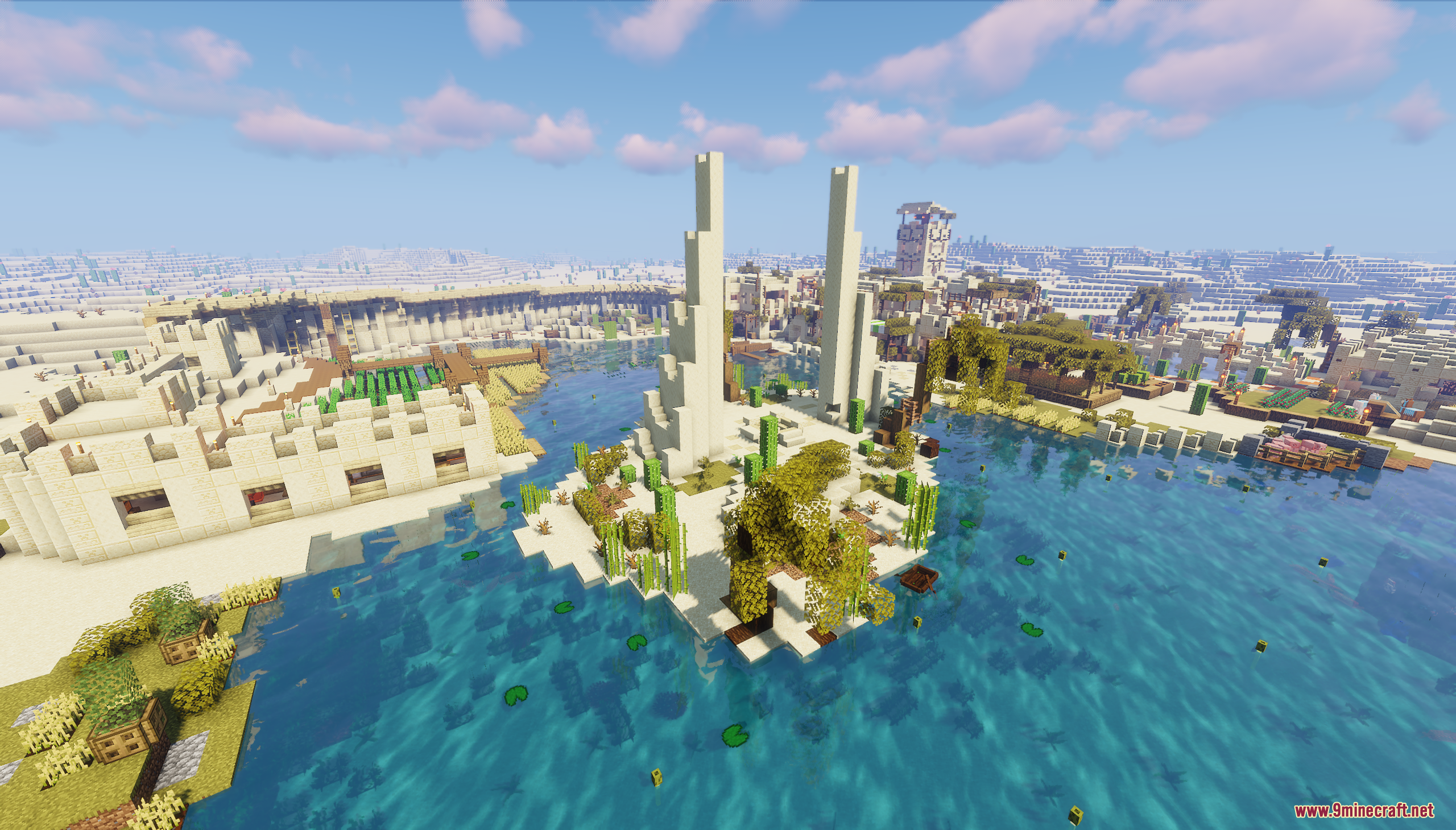 Desert Oasis City Map Screenshot 6 Two tall white pillars stand on a small island in a desert oasis
