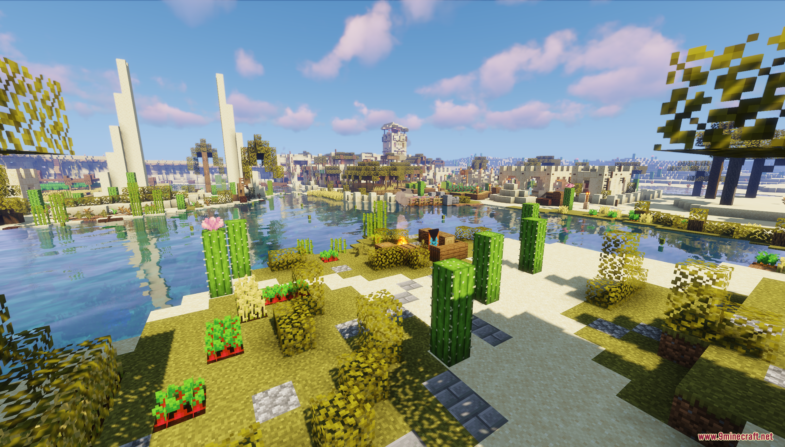 Desert Oasis City Map Screenshot 7 Lush greenery and water surrounding a desert settlement under a bright sky