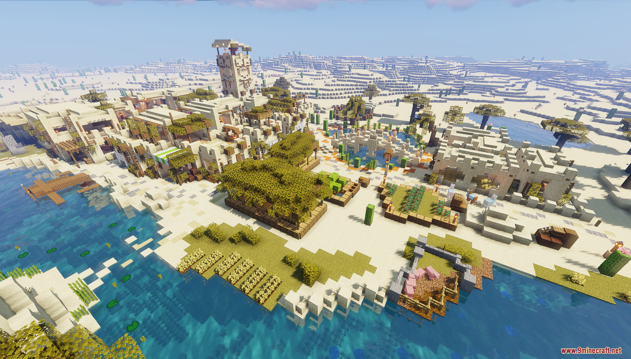Desert Oasis City Map Screenshot 8 Aerial view of the Desert Oasis City Map featuring buildings and farms